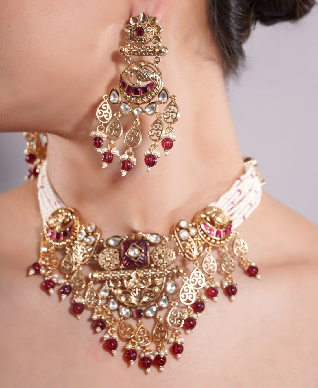 Amaita Gold Finish Polki Kundan Ruby Pearl Heritage Choker Set