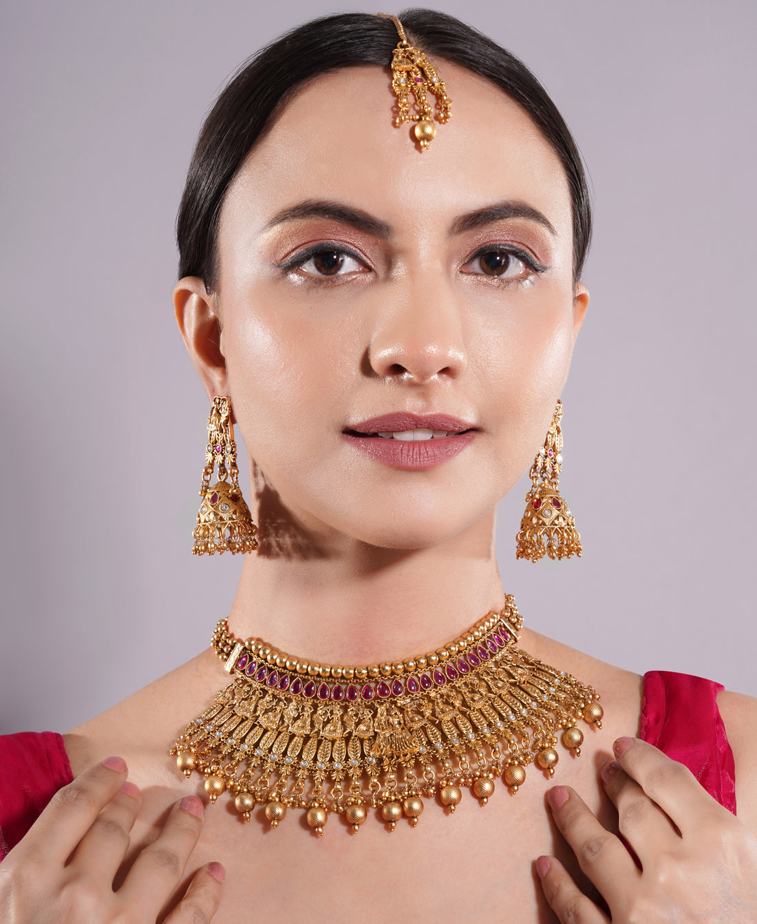 Amaita Antique Gold Finish Temple Goddess Ruby Choker Set