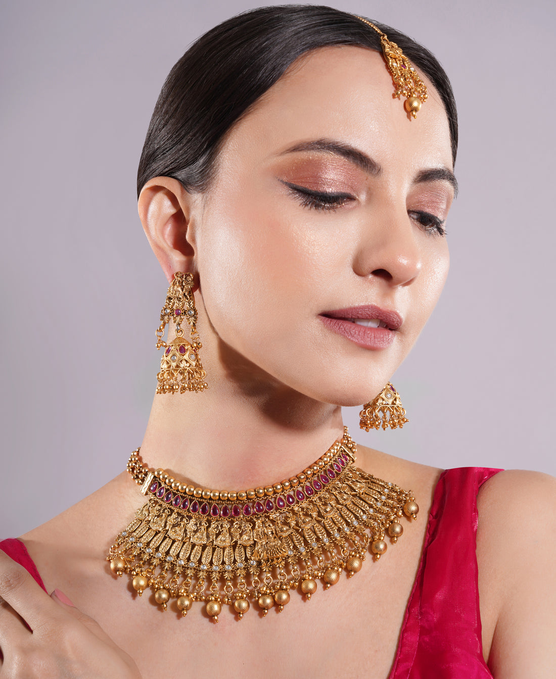 Amaita Antique Gold Finish Temple Goddess Ruby Choker Set