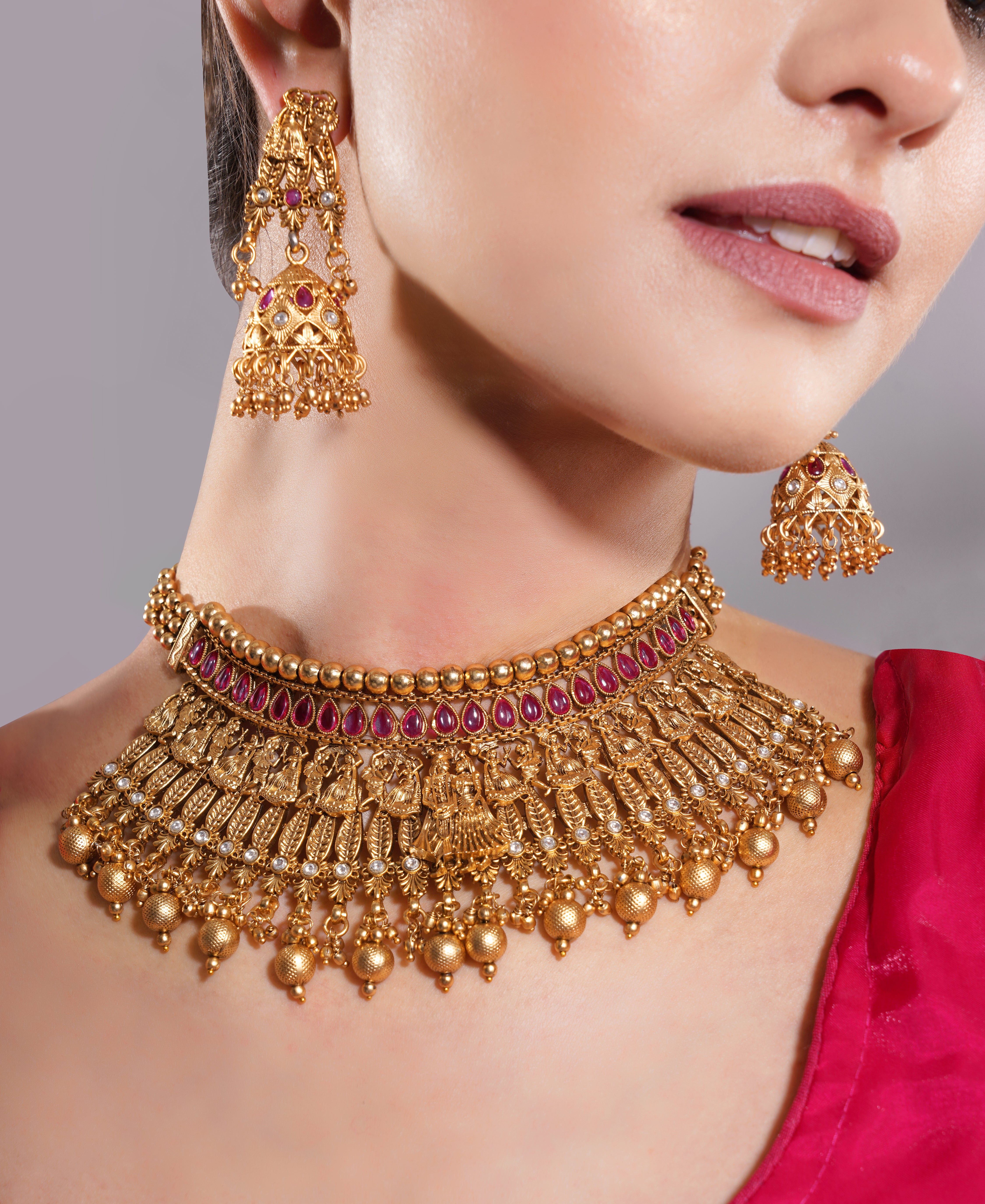 Amaita Antique Gold Finish Temple Goddess Ruby Choker Set
