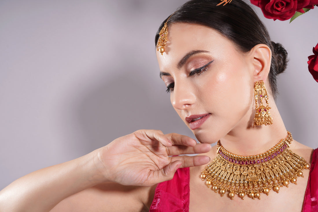 Amaita Antique Gold Finish Temple Goddess Ruby Choker Set