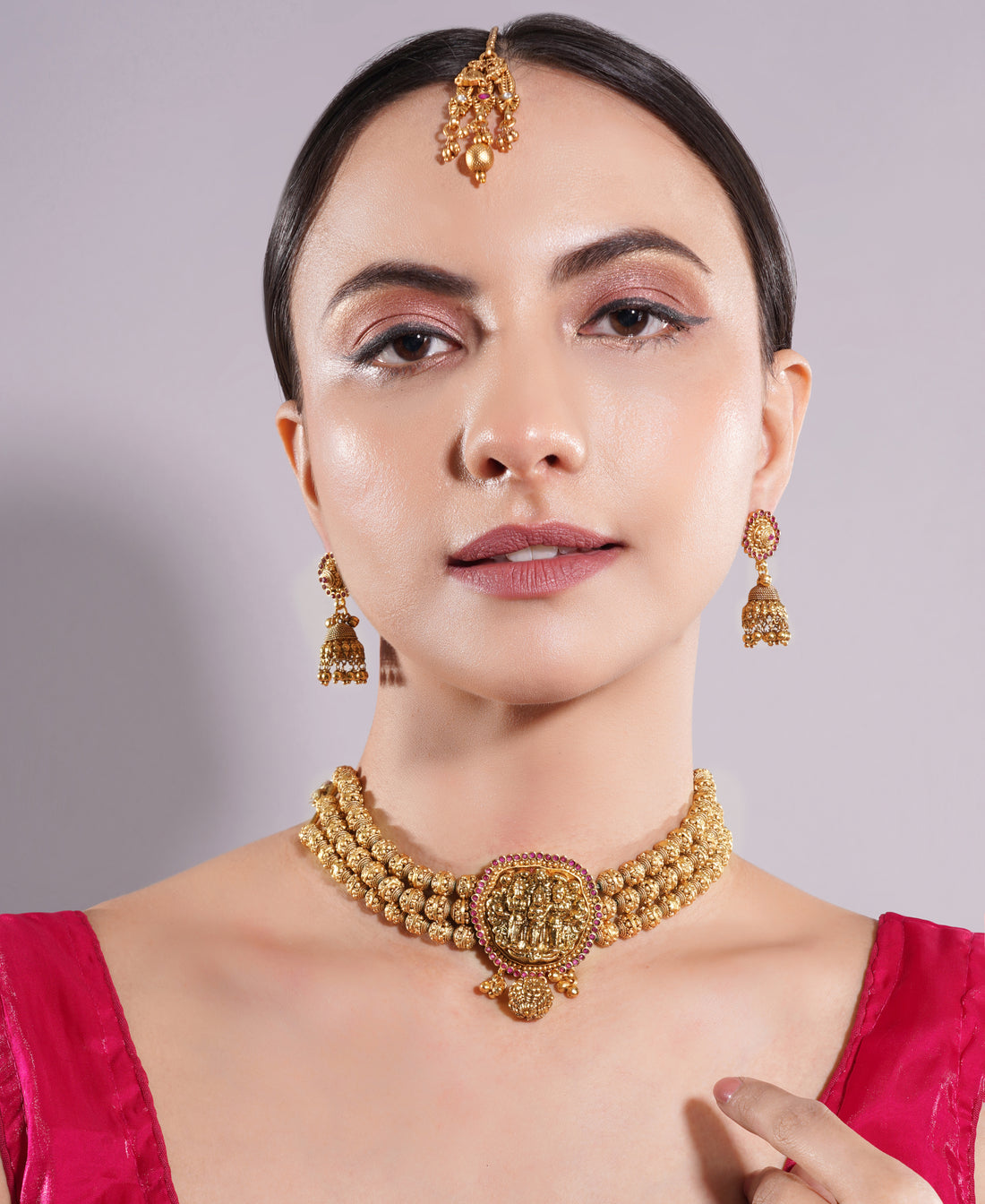 Amaita Antique Gold Finish Temple Design Ruby Bead Choker Set