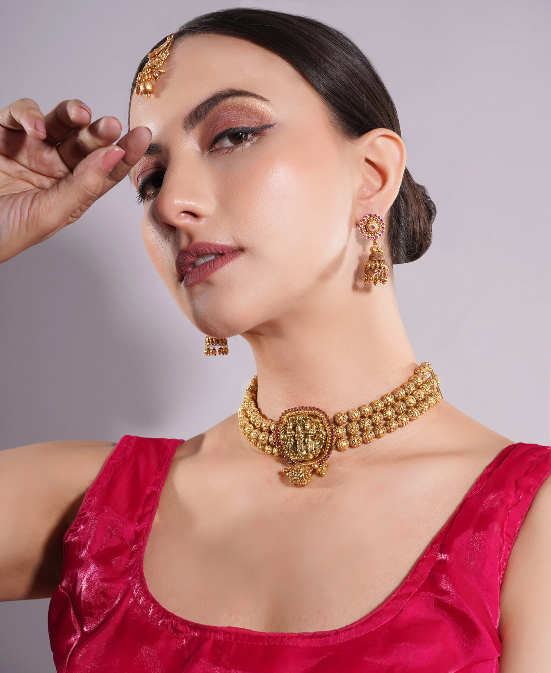 Amaita Antique Gold Finish Temple Design Ruby Bead Choker Set