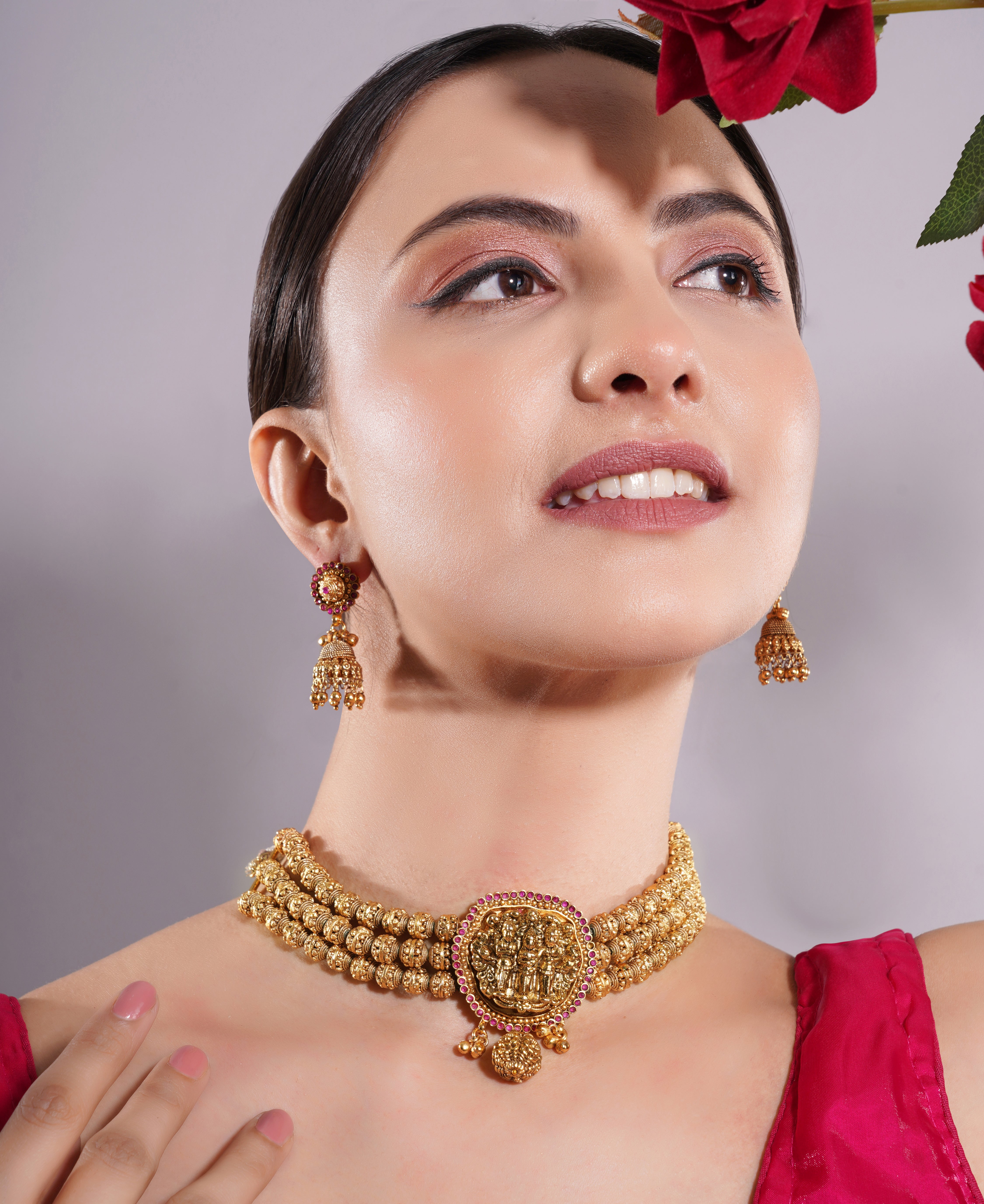 Amaita Antique Gold Finish Temple Design Ruby Bead Choker Set