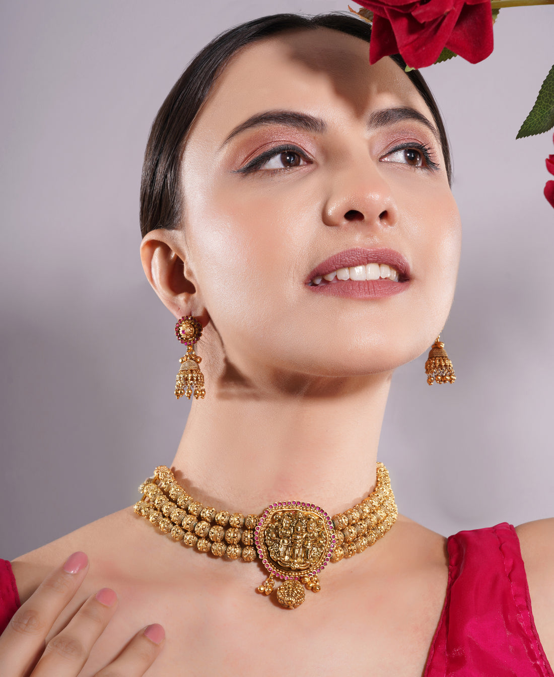 Amaita Antique Gold Finish Temple Design Ruby Bead Choker Set