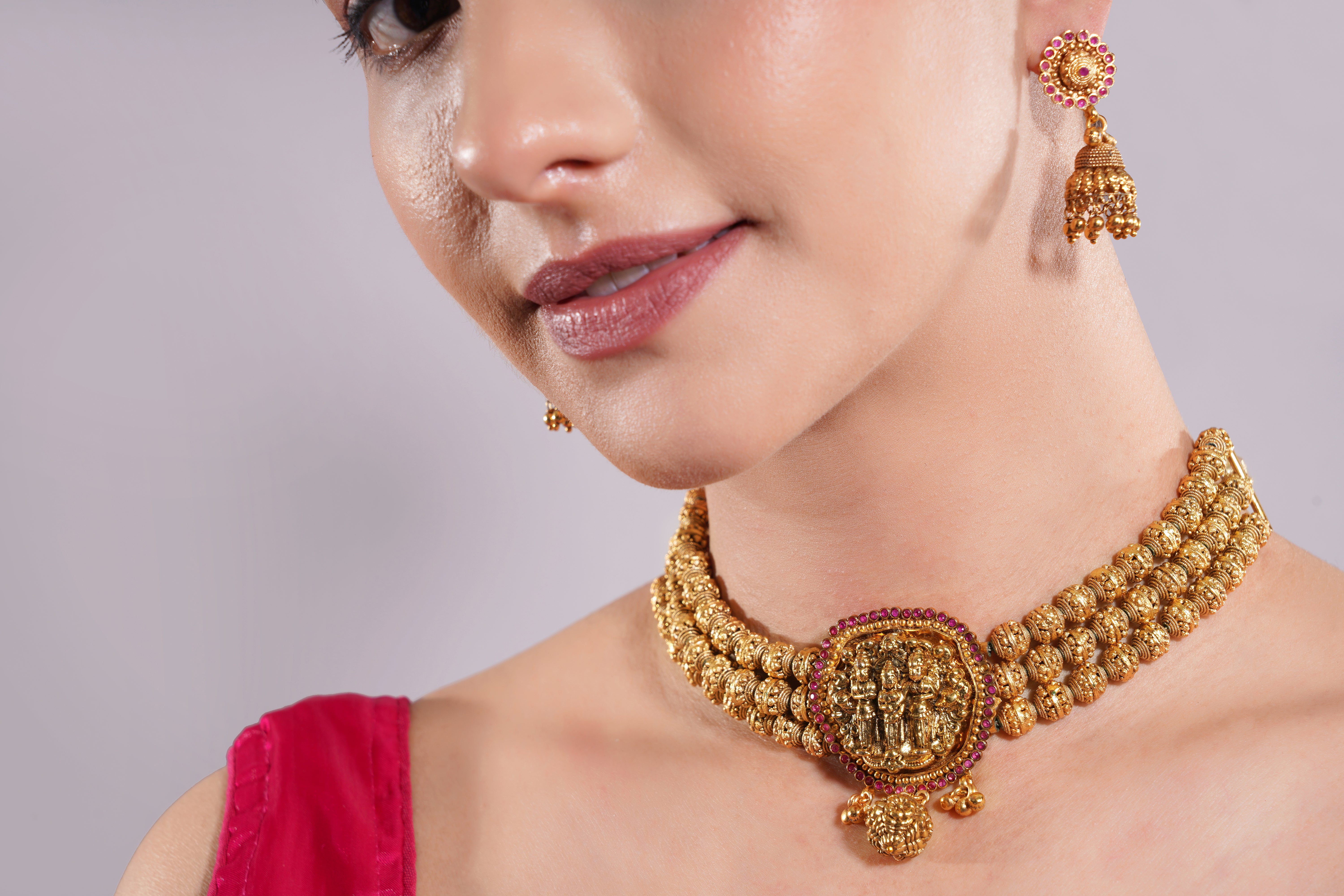 Amaita Antique Gold Finish Temple Design Ruby Bead Choker Set