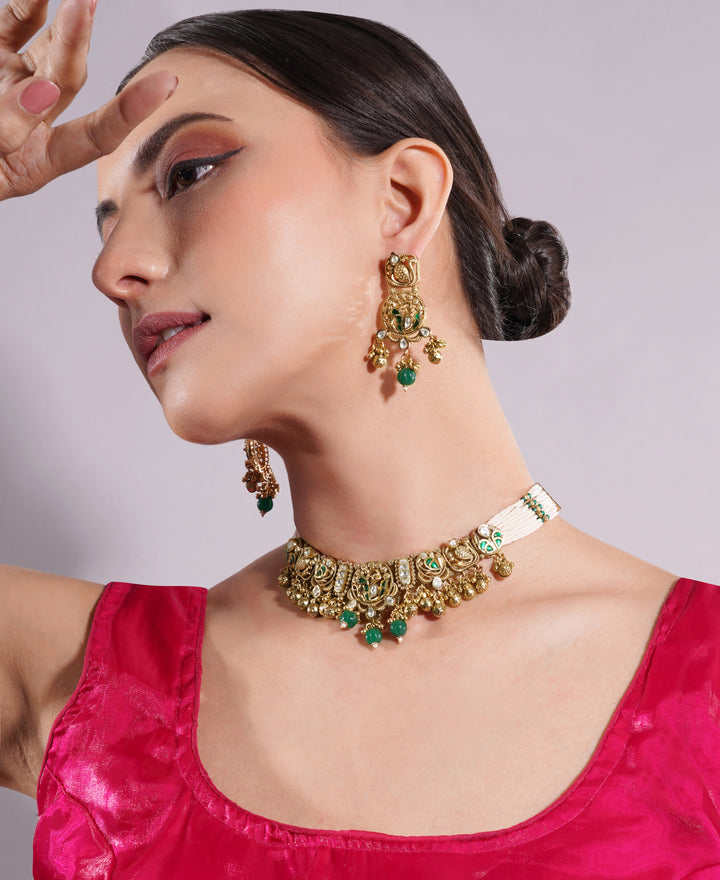 Amaita Antique Gold Temple Design Green Bead Choker Set