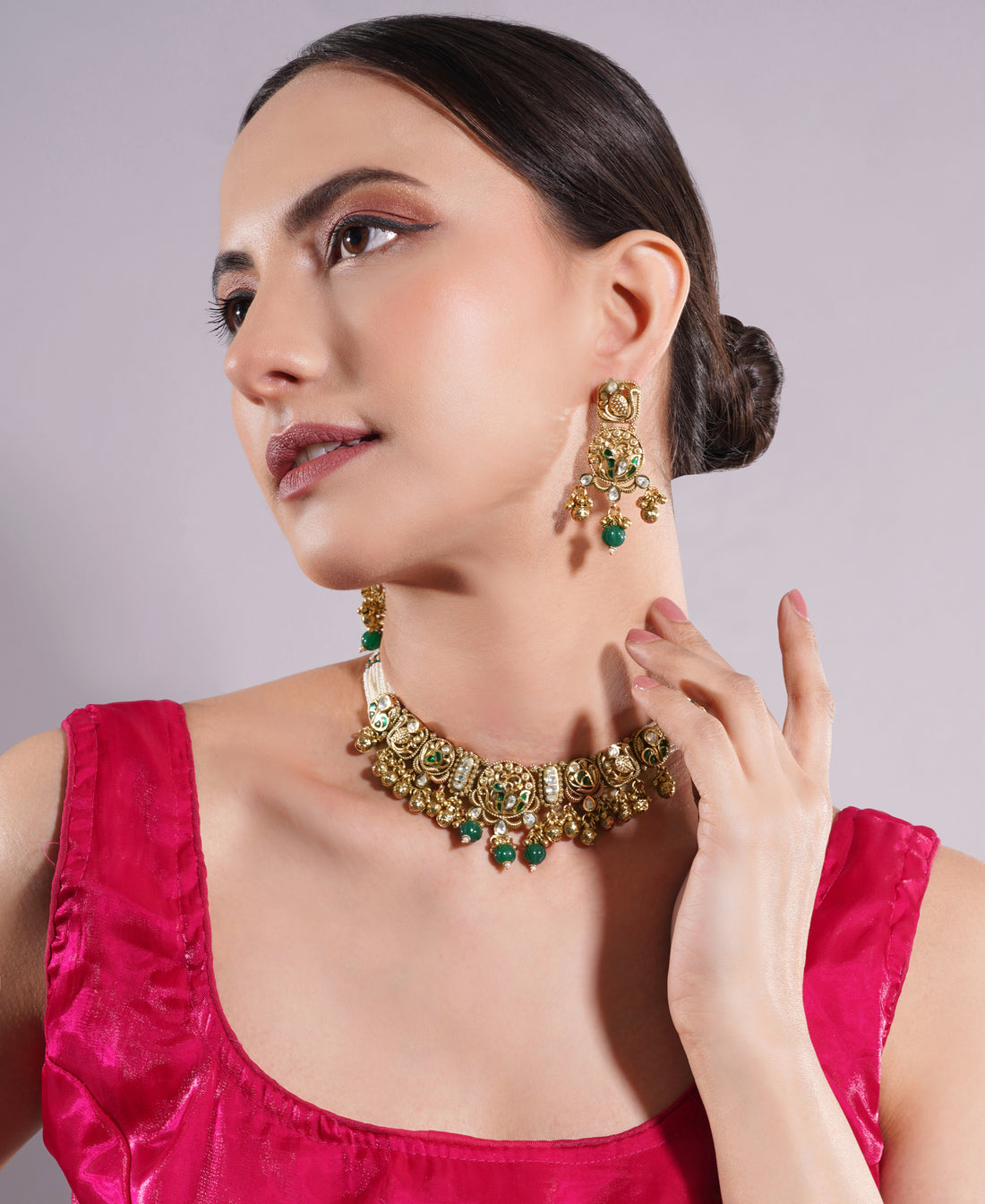 Amaita Antique Gold Temple Design Green Bead Choker Set