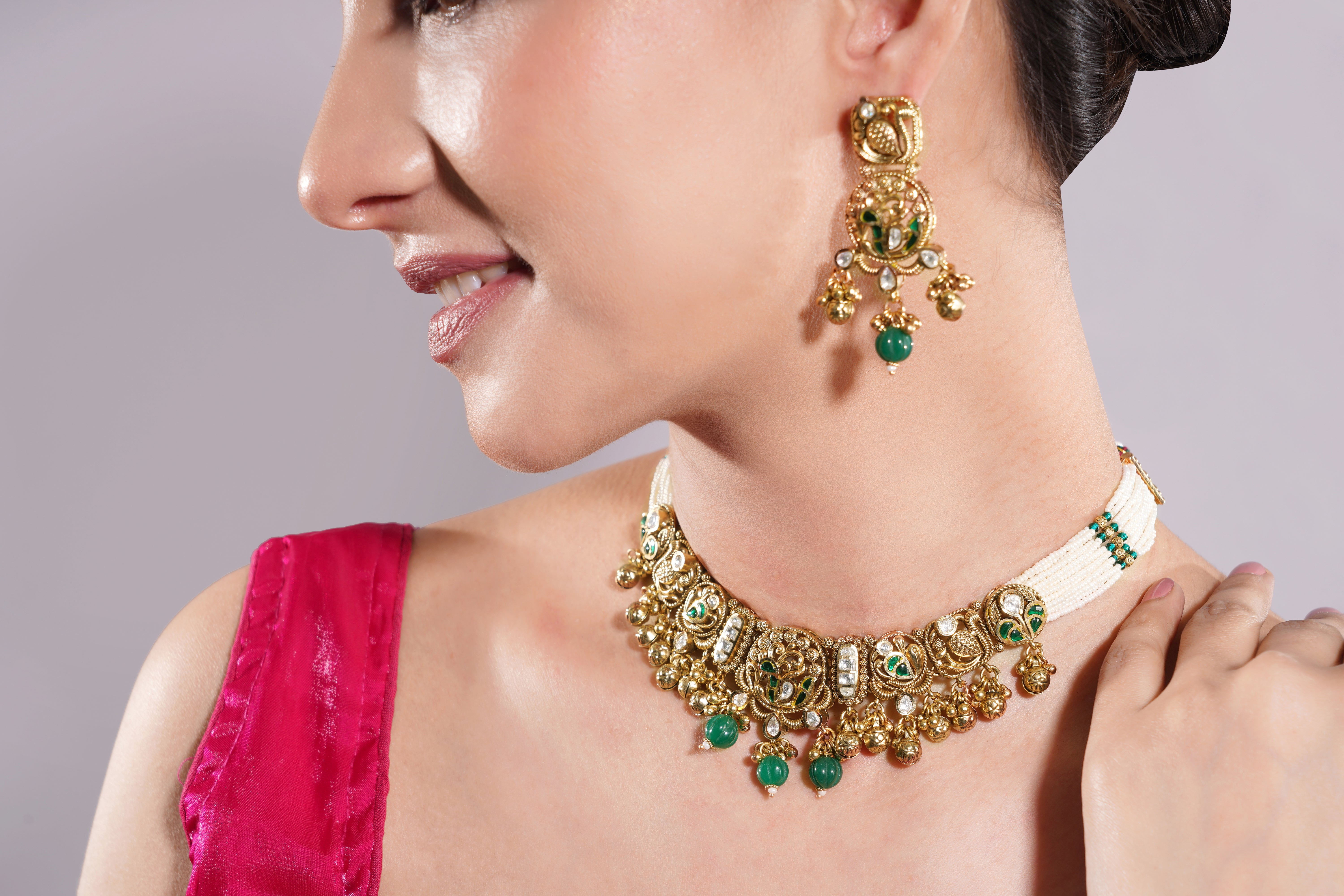 Amaita Antique Gold Temple Design Green Bead Choker Set