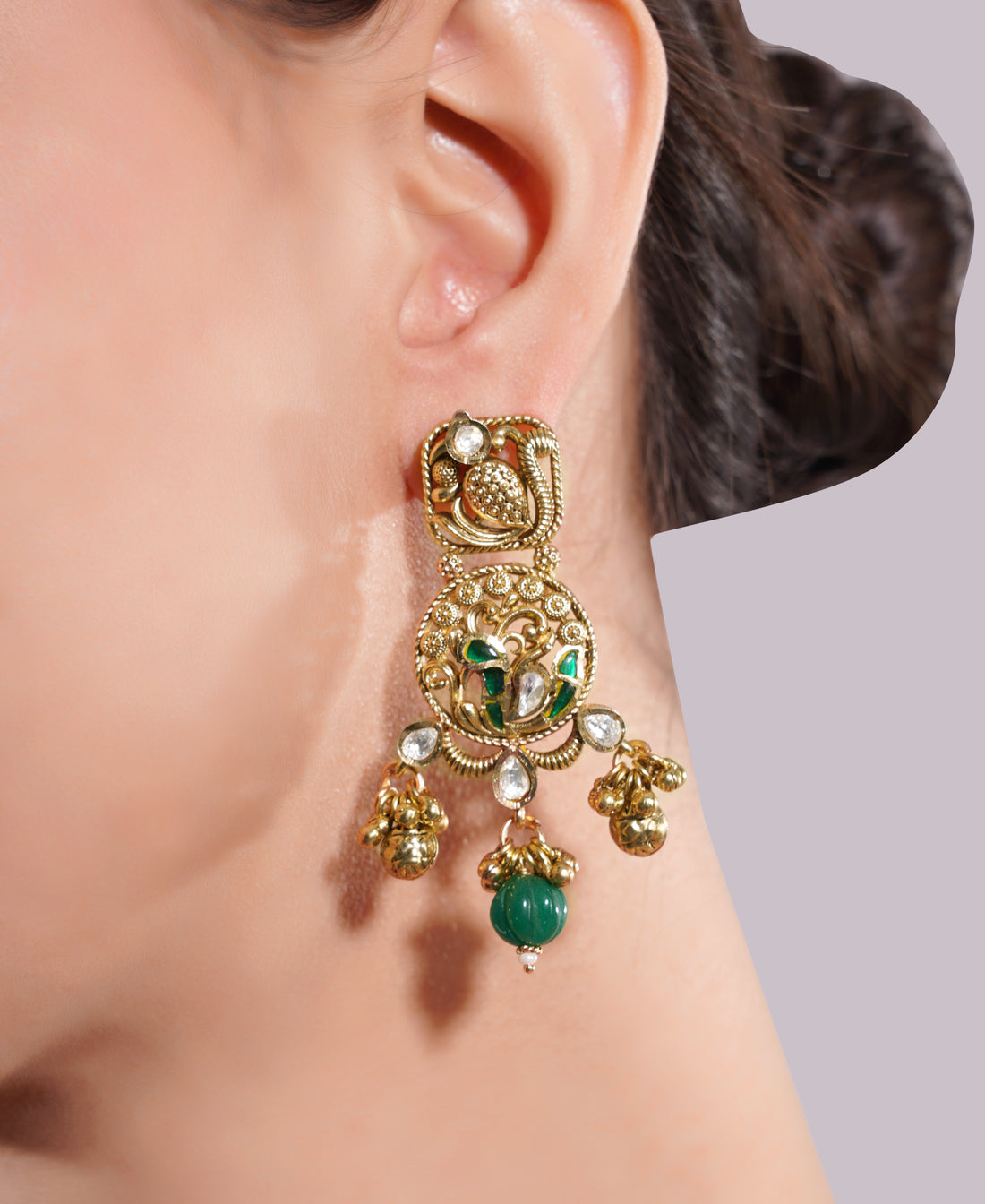 Amaita Antique Gold Temple Design Green Bead Choker Set