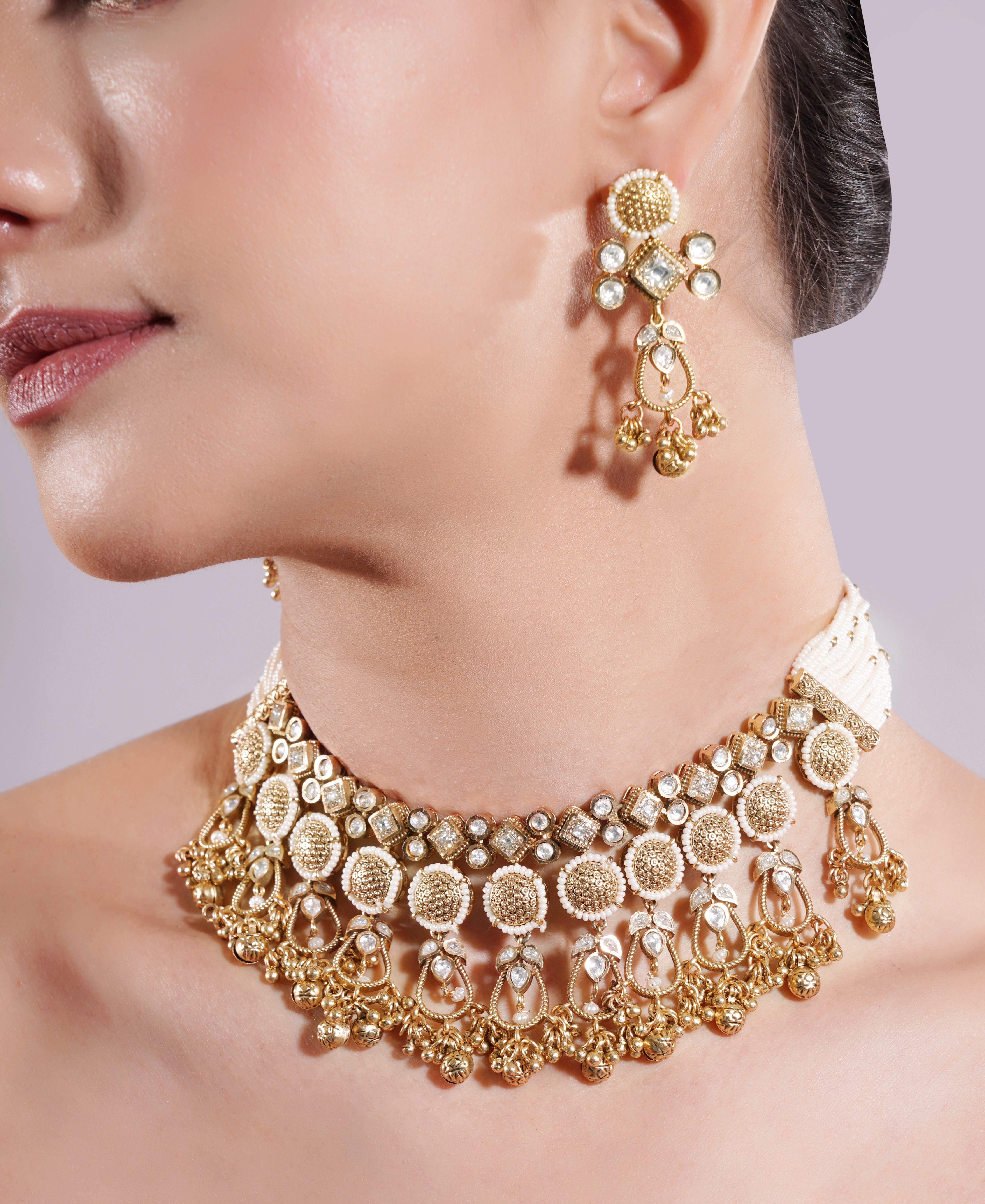 Amaita Traditional Polki Kundan Gold Finish Choker Jewellery Set