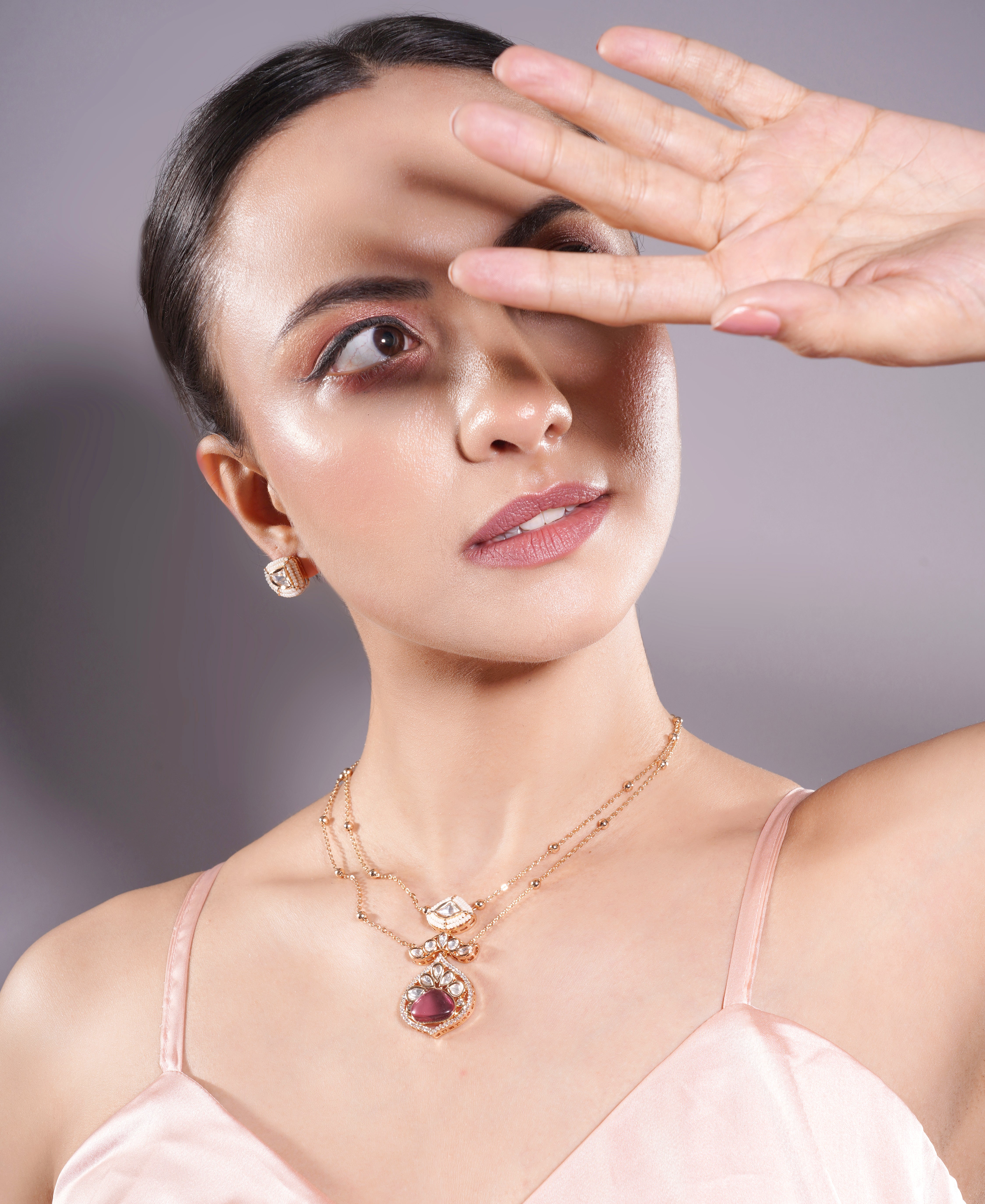 Amaita Dual Layer Polki Beaded Chain Jewellery Set