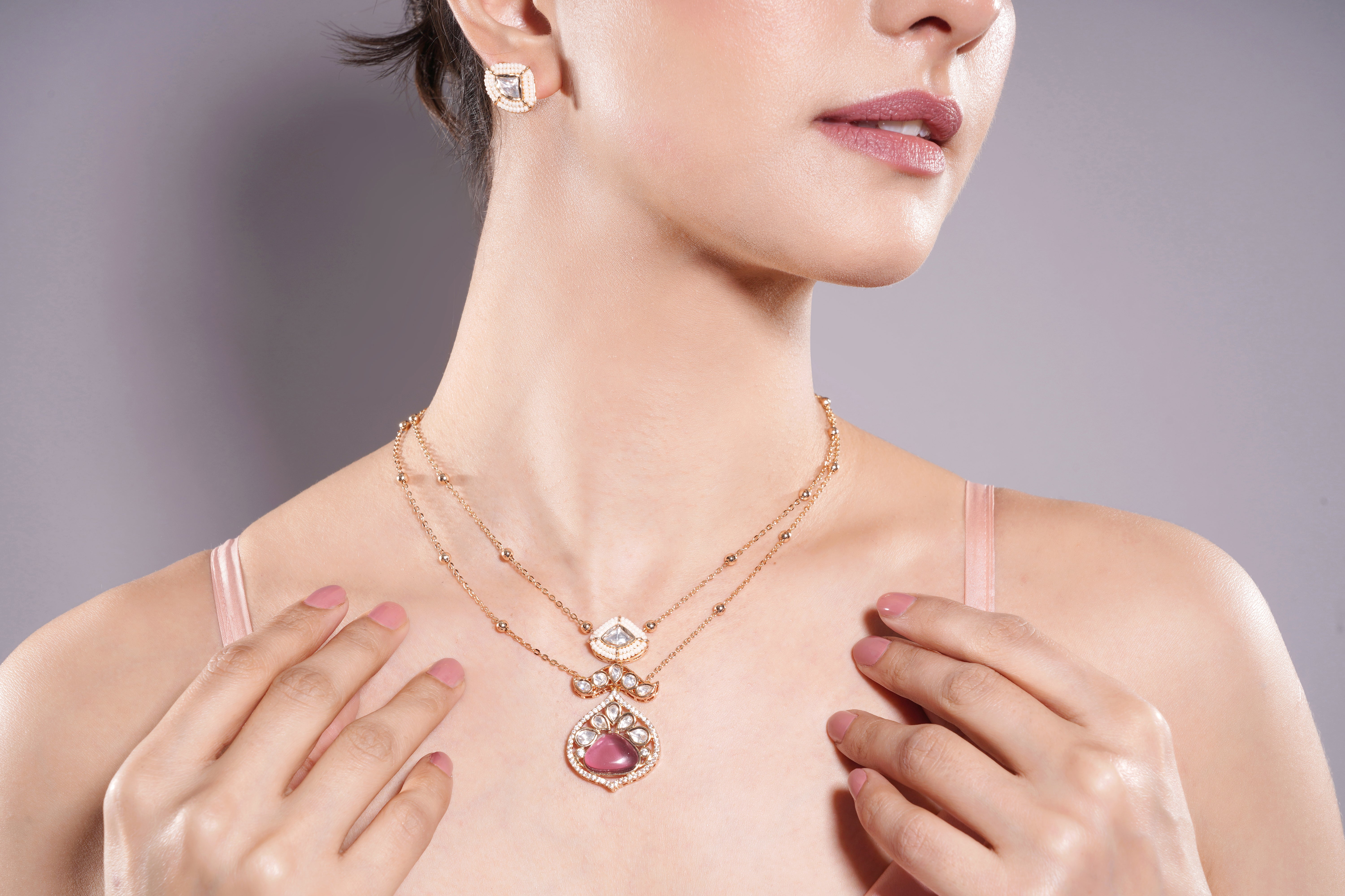 Amaita Dual Layer Polki Beaded Chain Jewellery Set