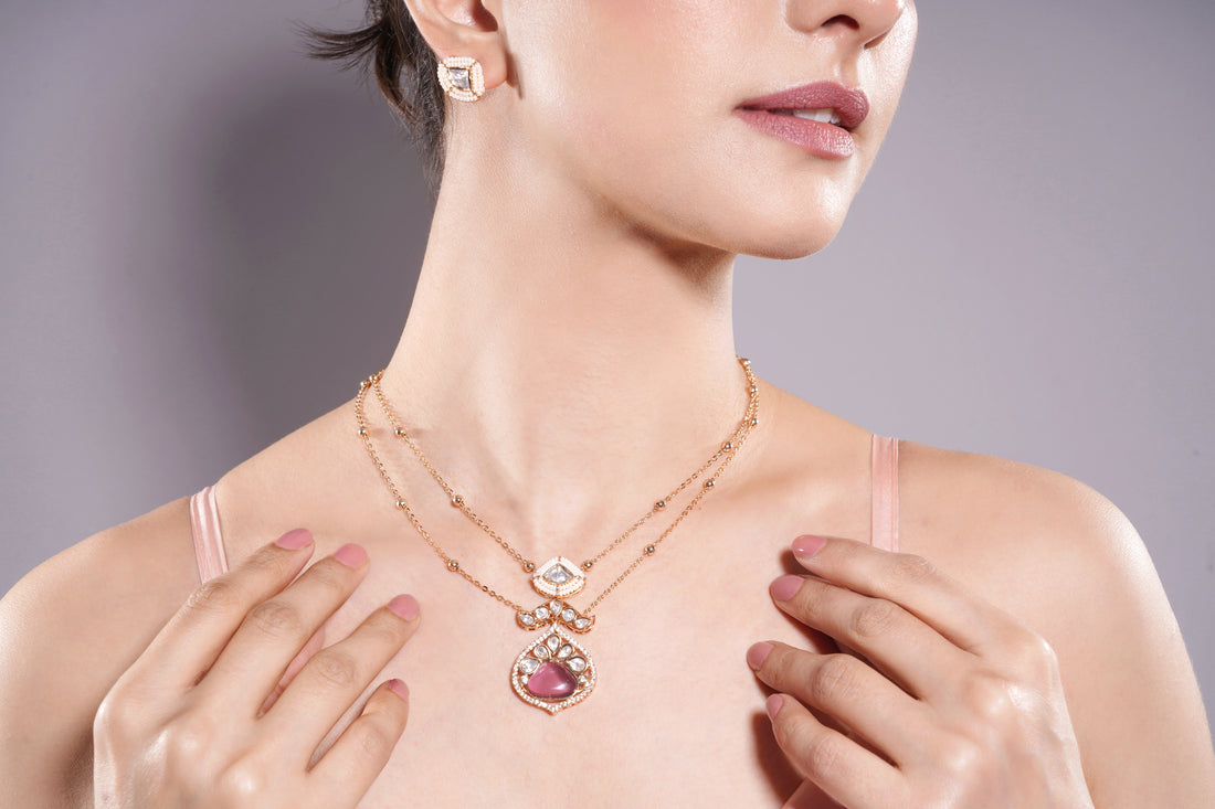 Amaita Dual Layer Polki Beaded Chain Jewellery Set