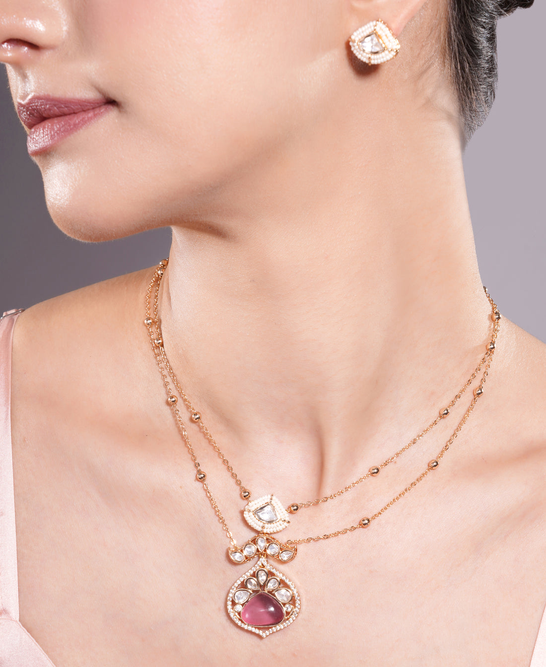 Amaita Dual Layer Polki Beaded Chain Jewellery Set