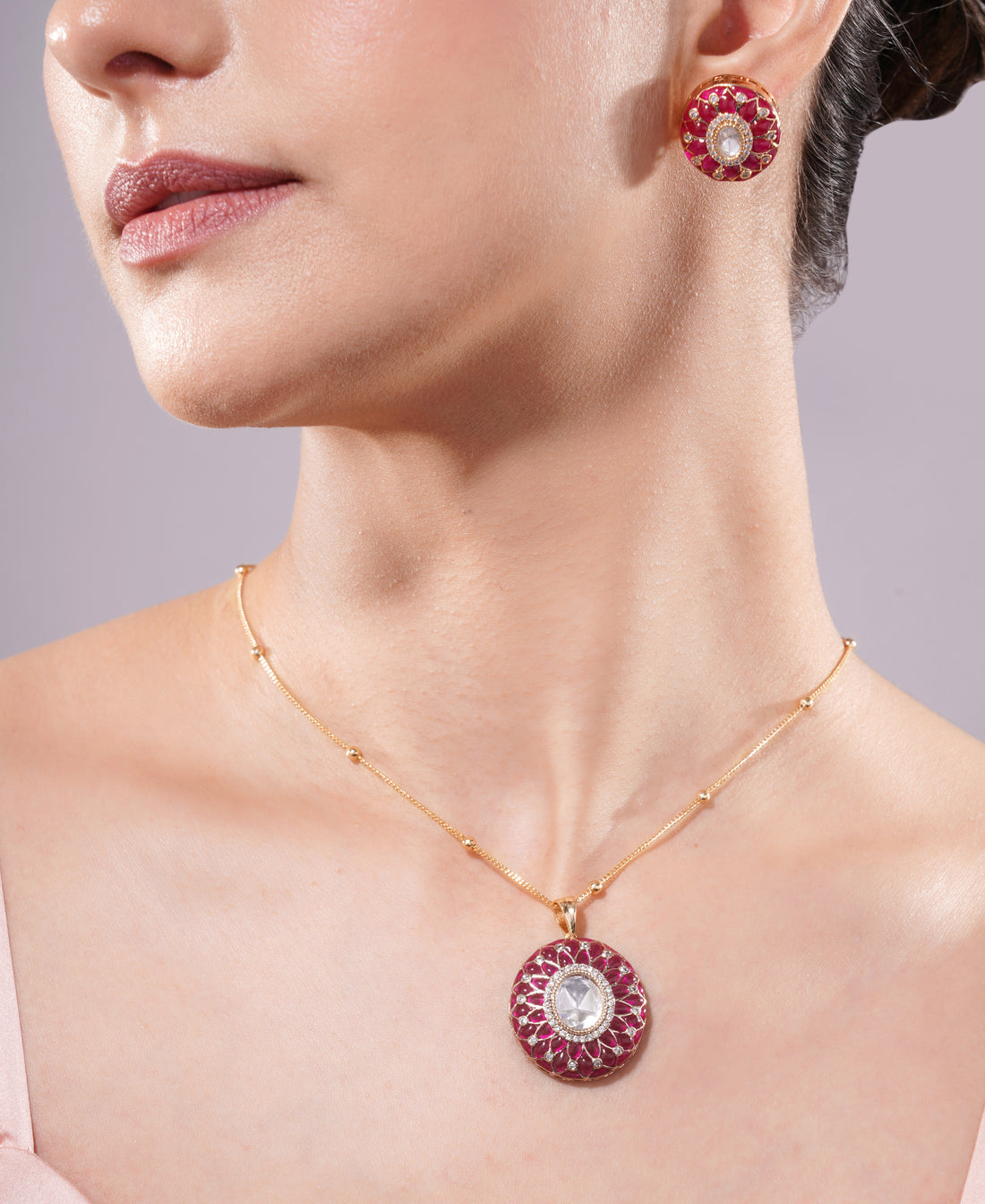 Amaita Gold Finish Polki Round Jewellery Set