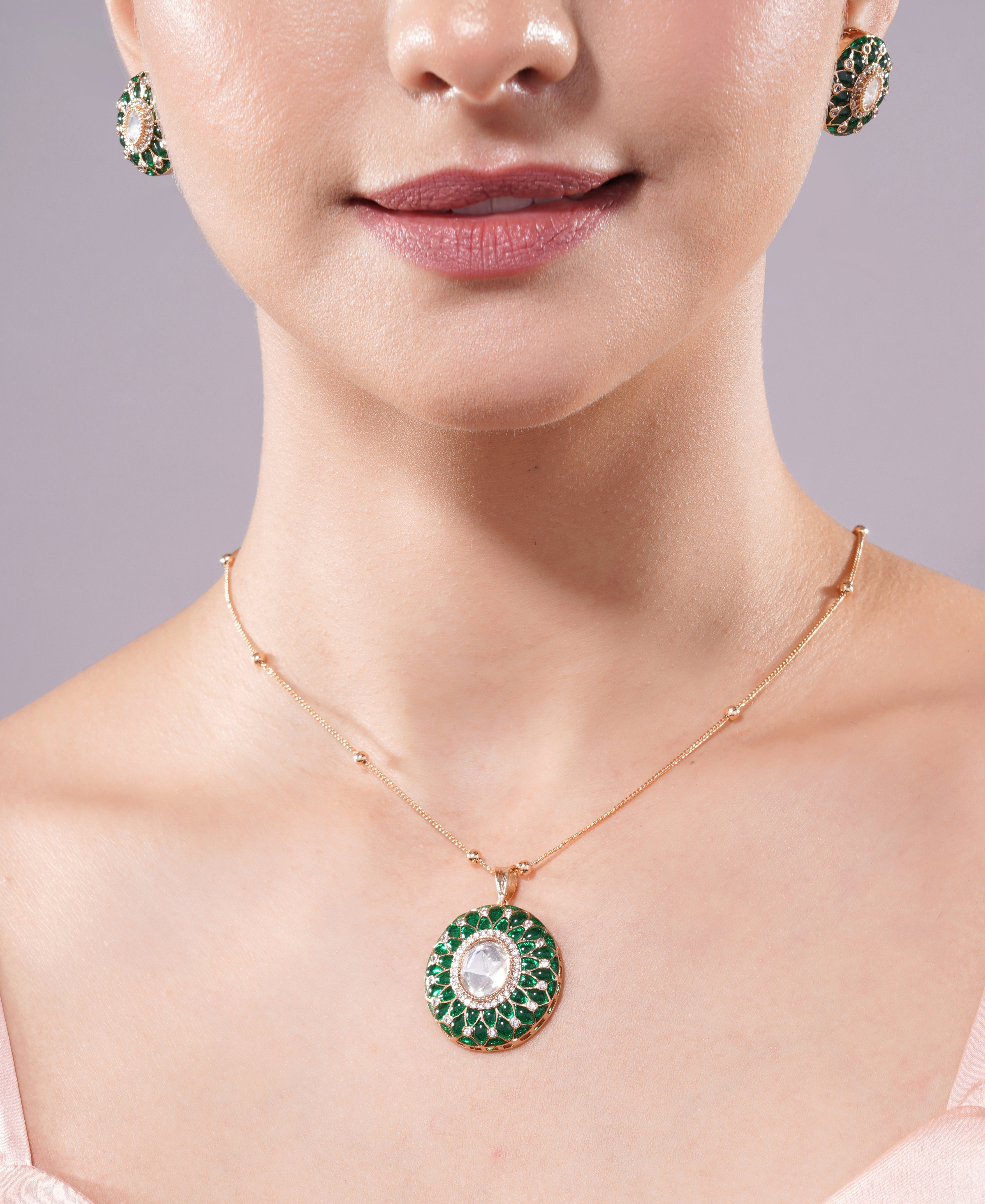 Amaita Gold Finish Round Polki Jewellery Set