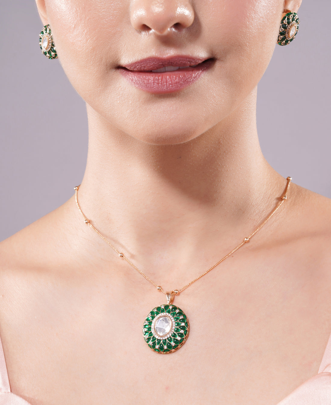 Amaita Gold Finish Round Polki Jewellery Set