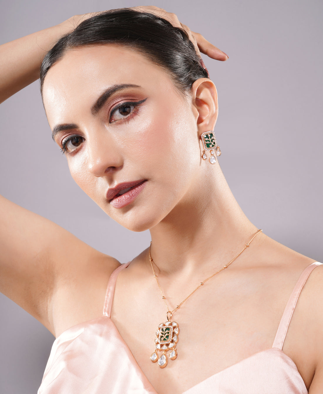 Amaita Gold Finish Square Polki Pendant Set