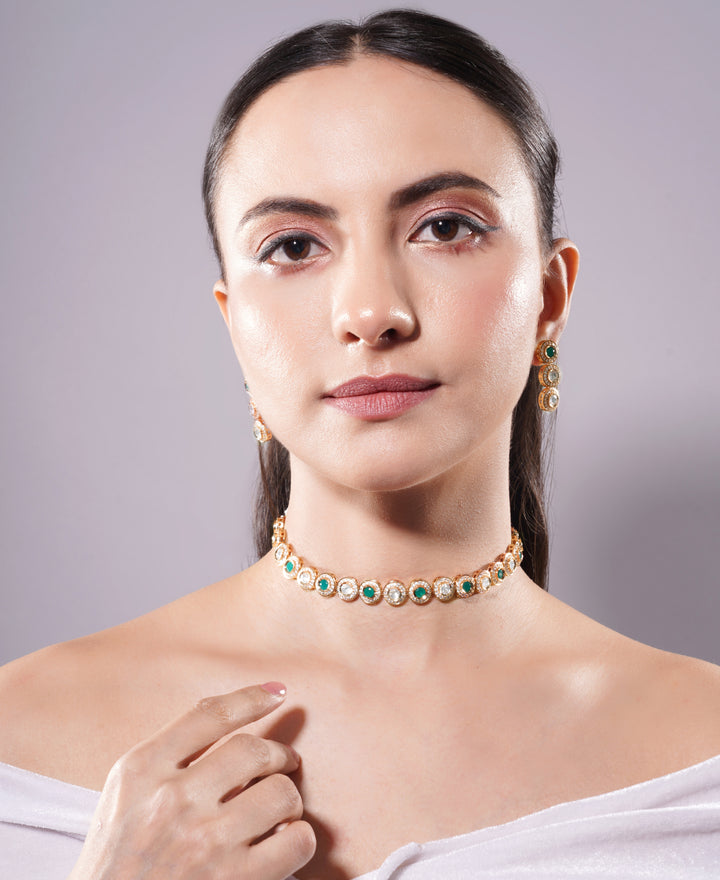Amaita Green Stone Polki Round Choker Jewellery Set