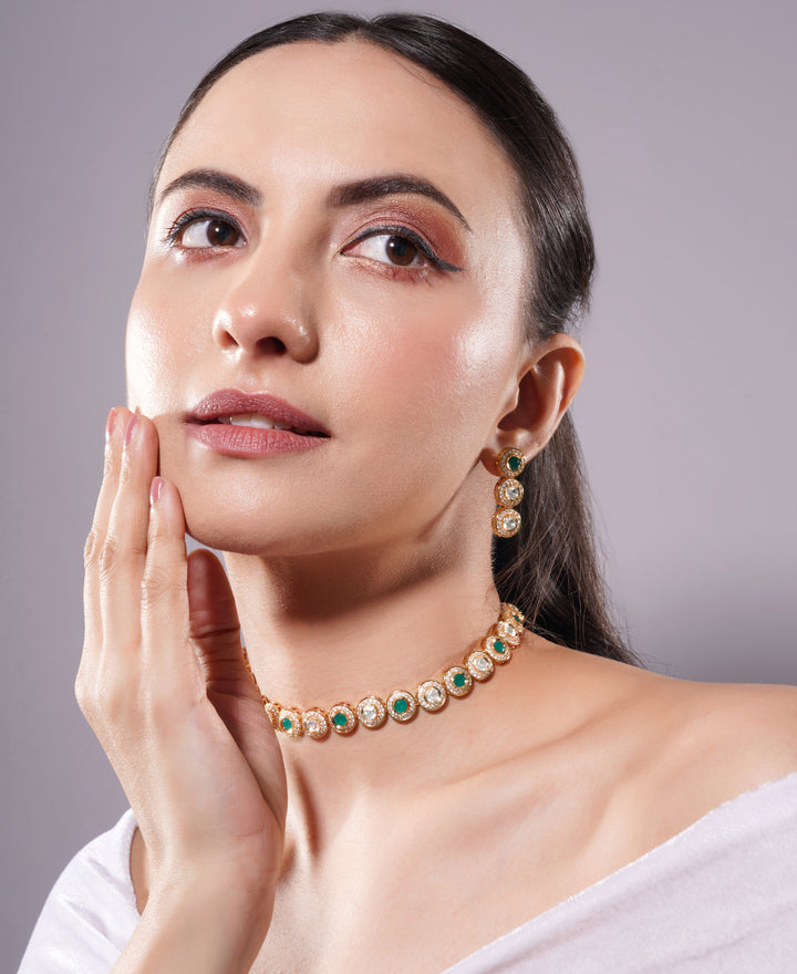 Amaita Green Stone Polki Round Choker Jewellery Set