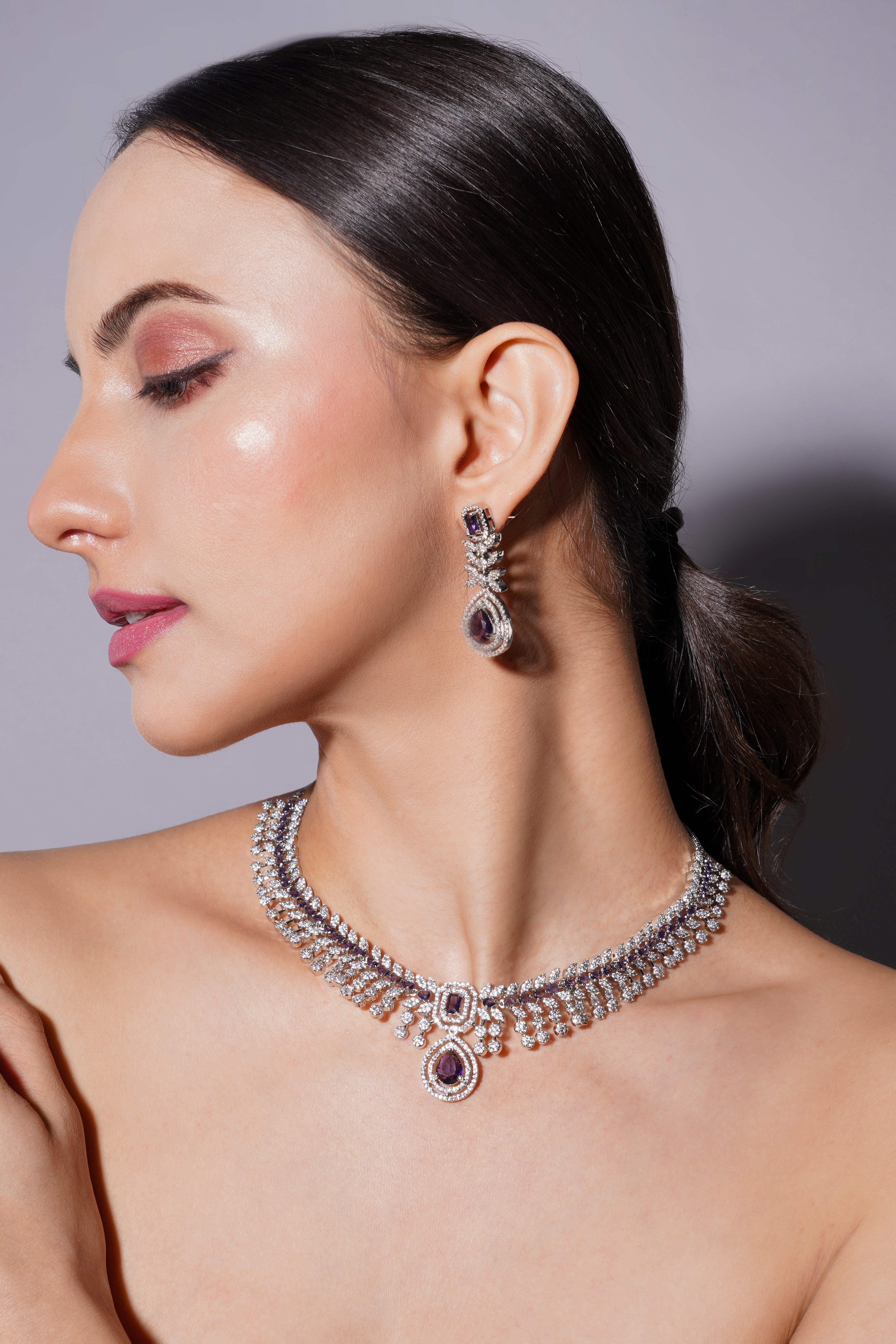 Amaita Sparkling White & Purple Stone Bridal Necklace Set