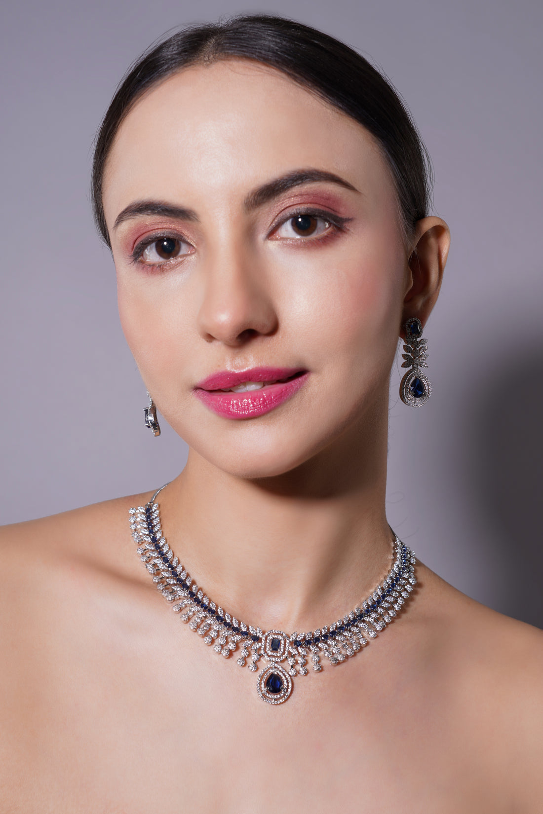 Amaita Royal Blue AD Stone Necklace Set with Earrings