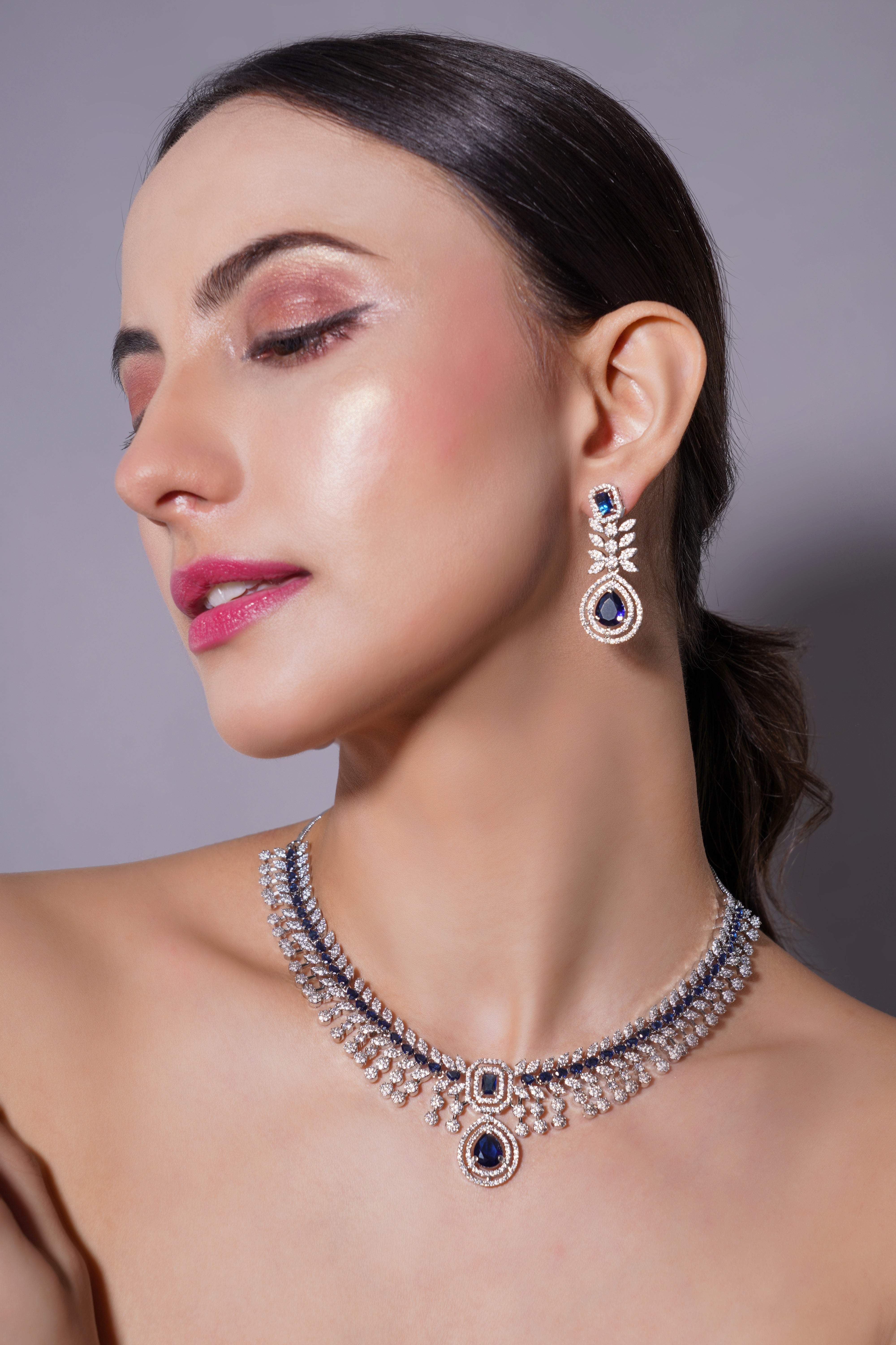 Amaita Royal Blue AD Stone Necklace Set with Earrings