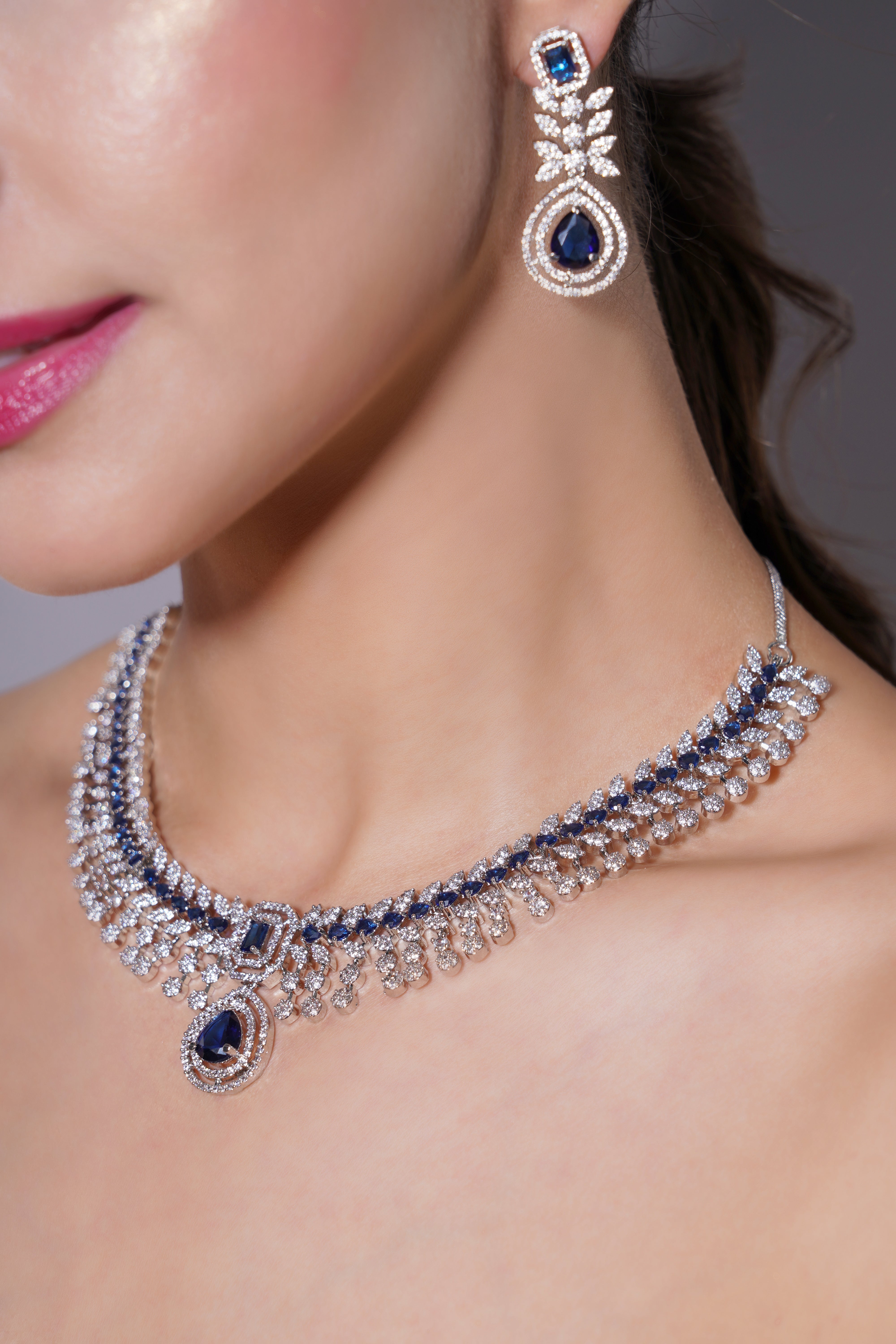 Amaita Royal Blue AD Stone Necklace Set with Earrings