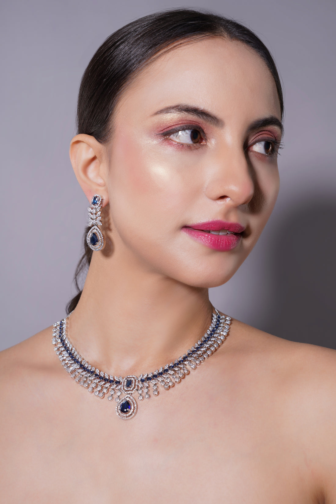 Amaita Royal Blue AD Stone Necklace Set with Earrings