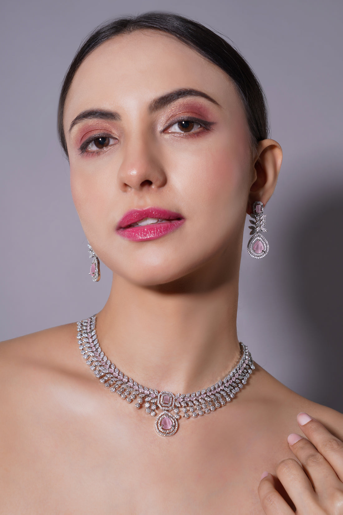 Amaita Elegant Rose Pink Drop Necklace & Earring Set