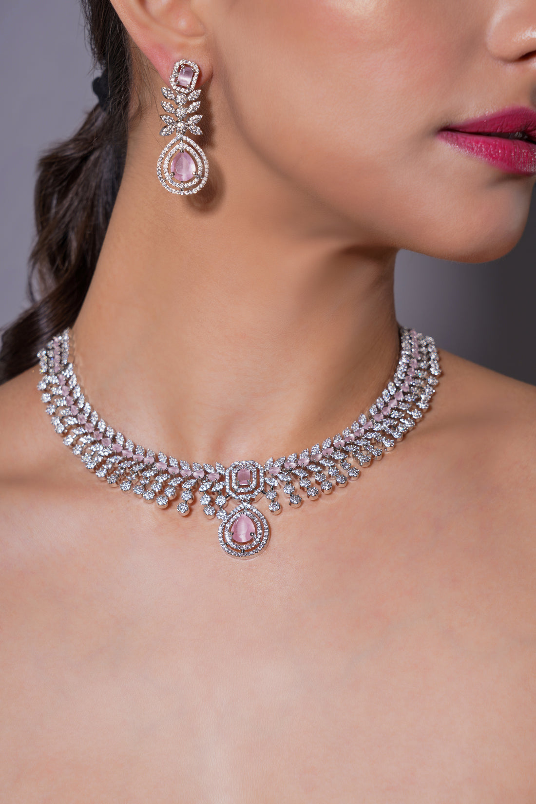 Amaita Elegant Rose Pink Drop Necklace & Earring Set