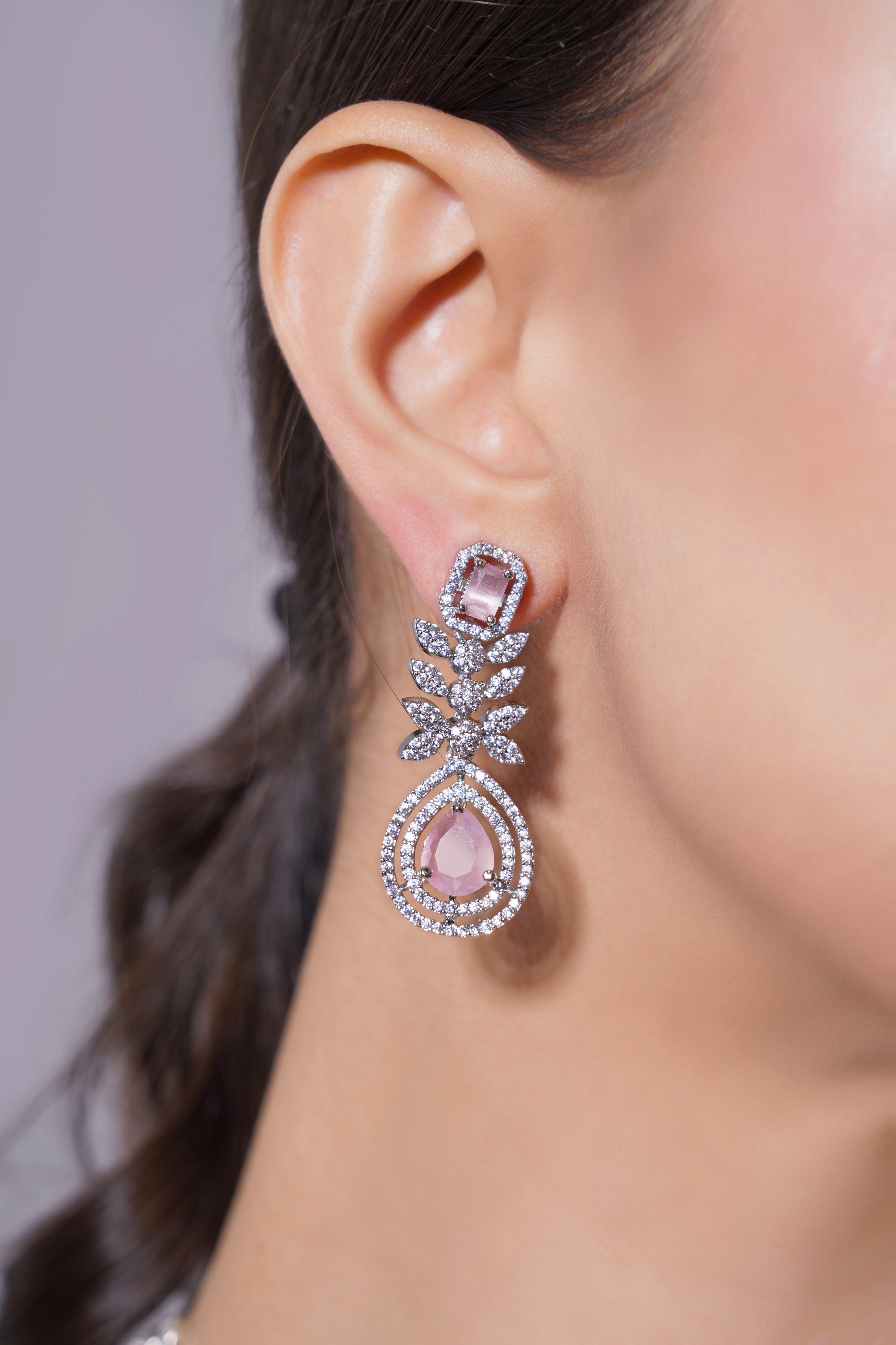 Amaita Elegant Rose Pink Drop Necklace & Earring Set