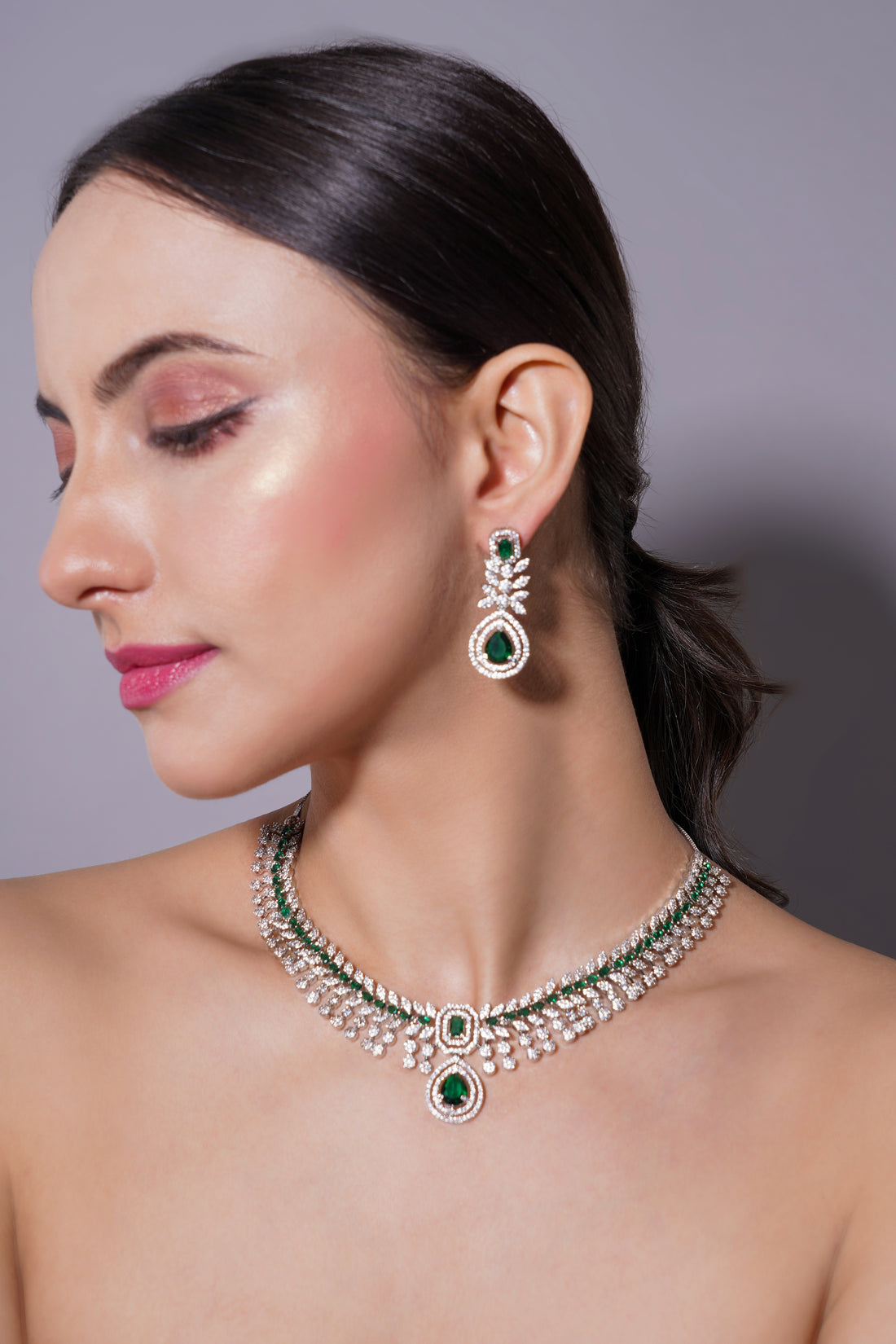 Amaita Emerald Green AD Stone Necklace Set with Earrings