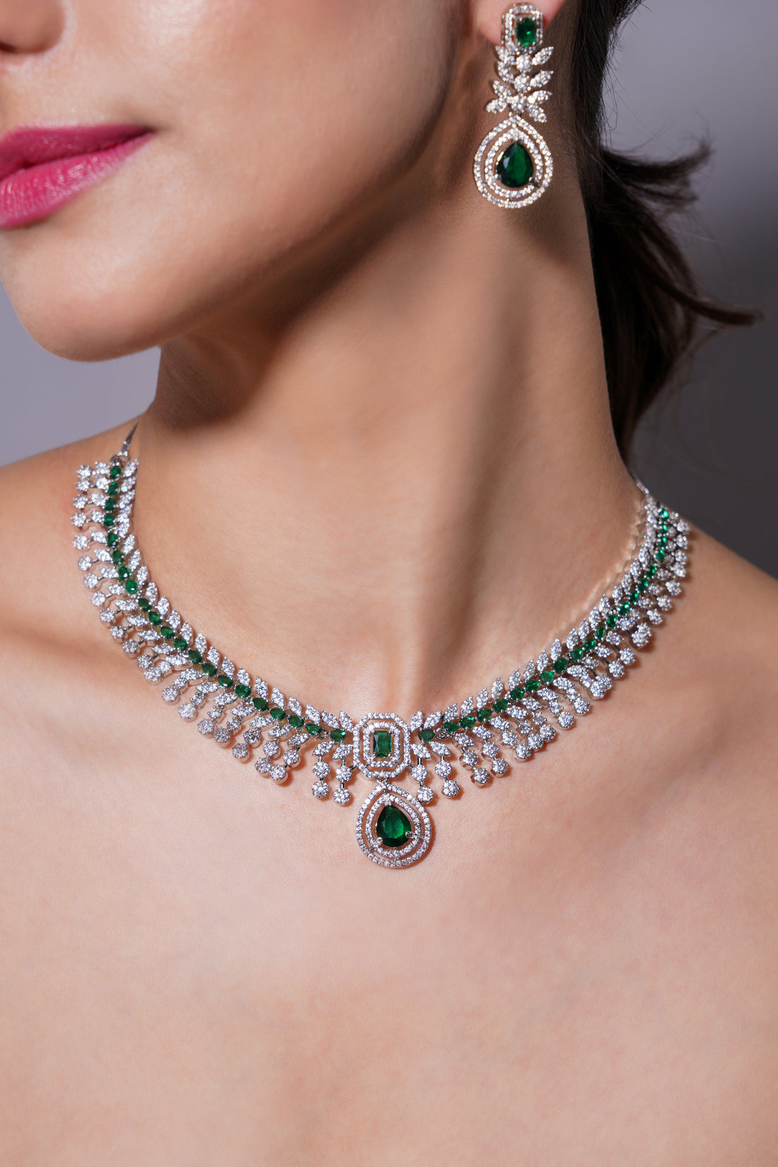 Amaita Emerald Green AD Stone Necklace Set with Earrings