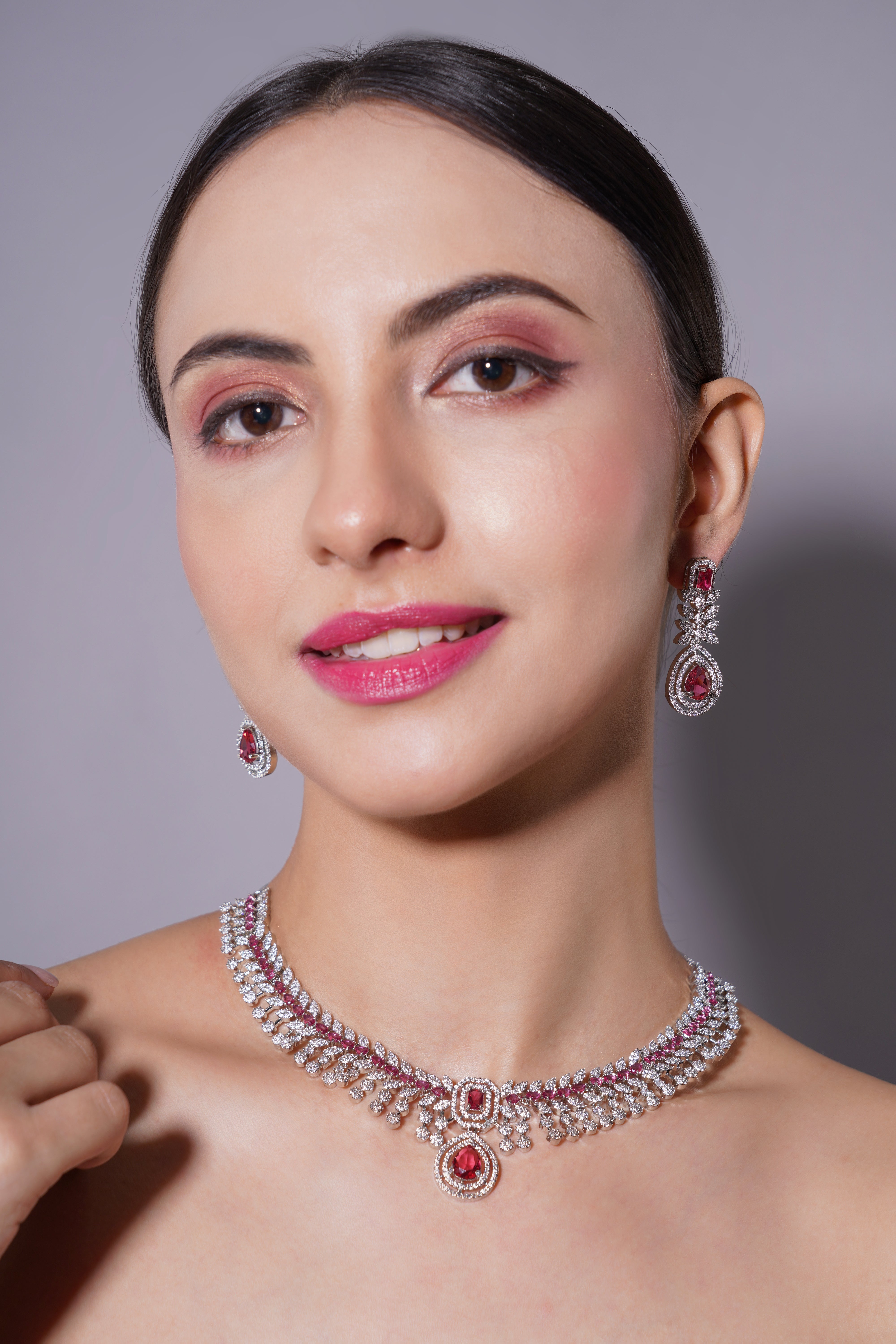 Amaita Regal Ruby Drop Necklace & Matching Earrings