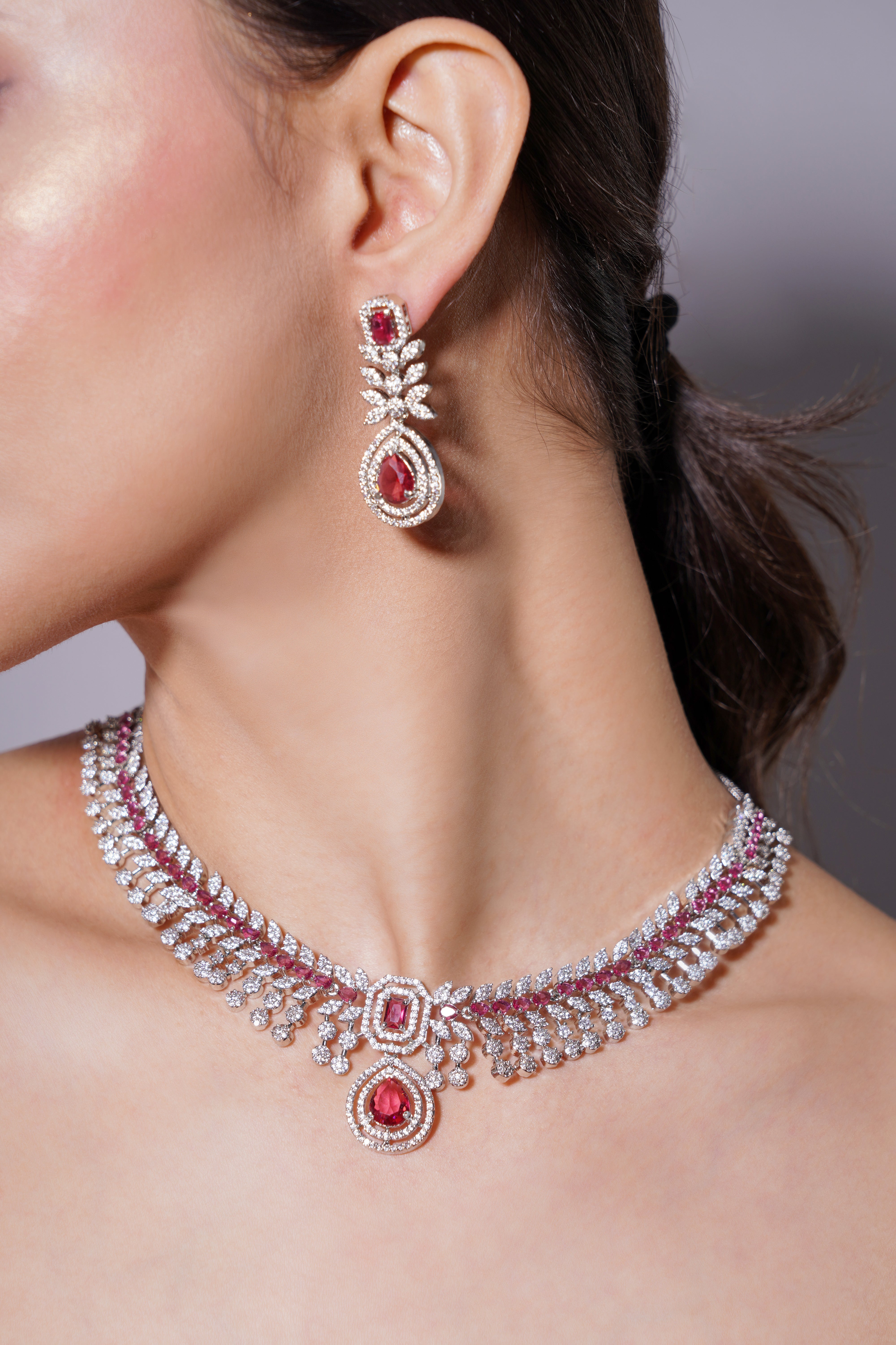 Amaita Regal Ruby Drop Necklace & Matching Earrings