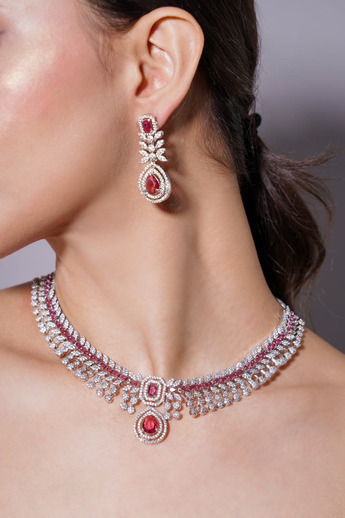 Amaita Regal Ruby Drop Necklace & Matching Earrings