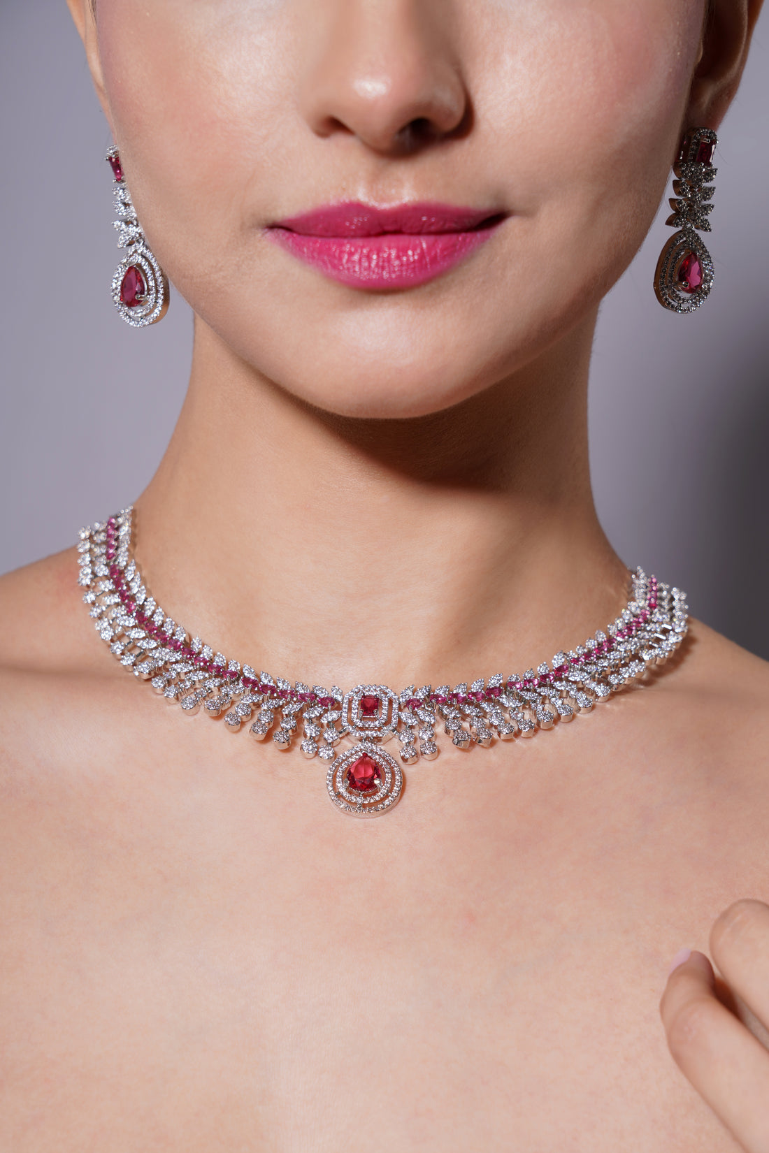 Amaita Regal Ruby Drop Necklace & Matching Earrings