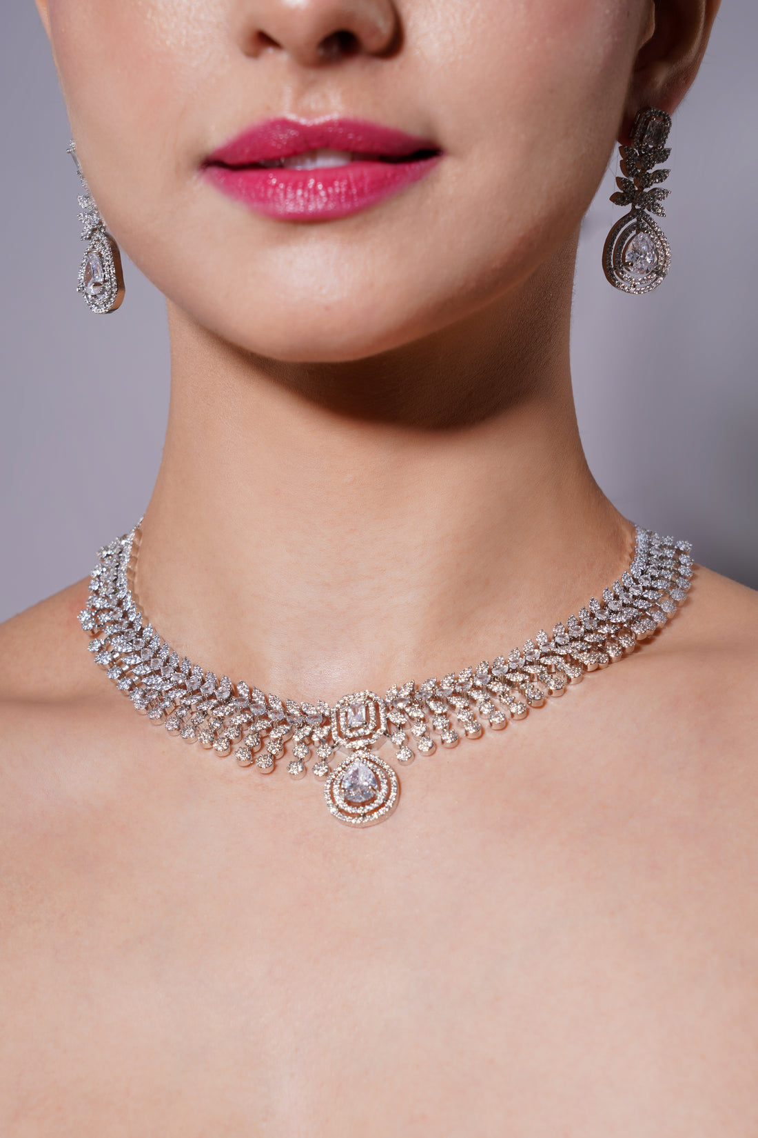 Amaita Platinum Shine Silver-White AD Necklace & Earrings