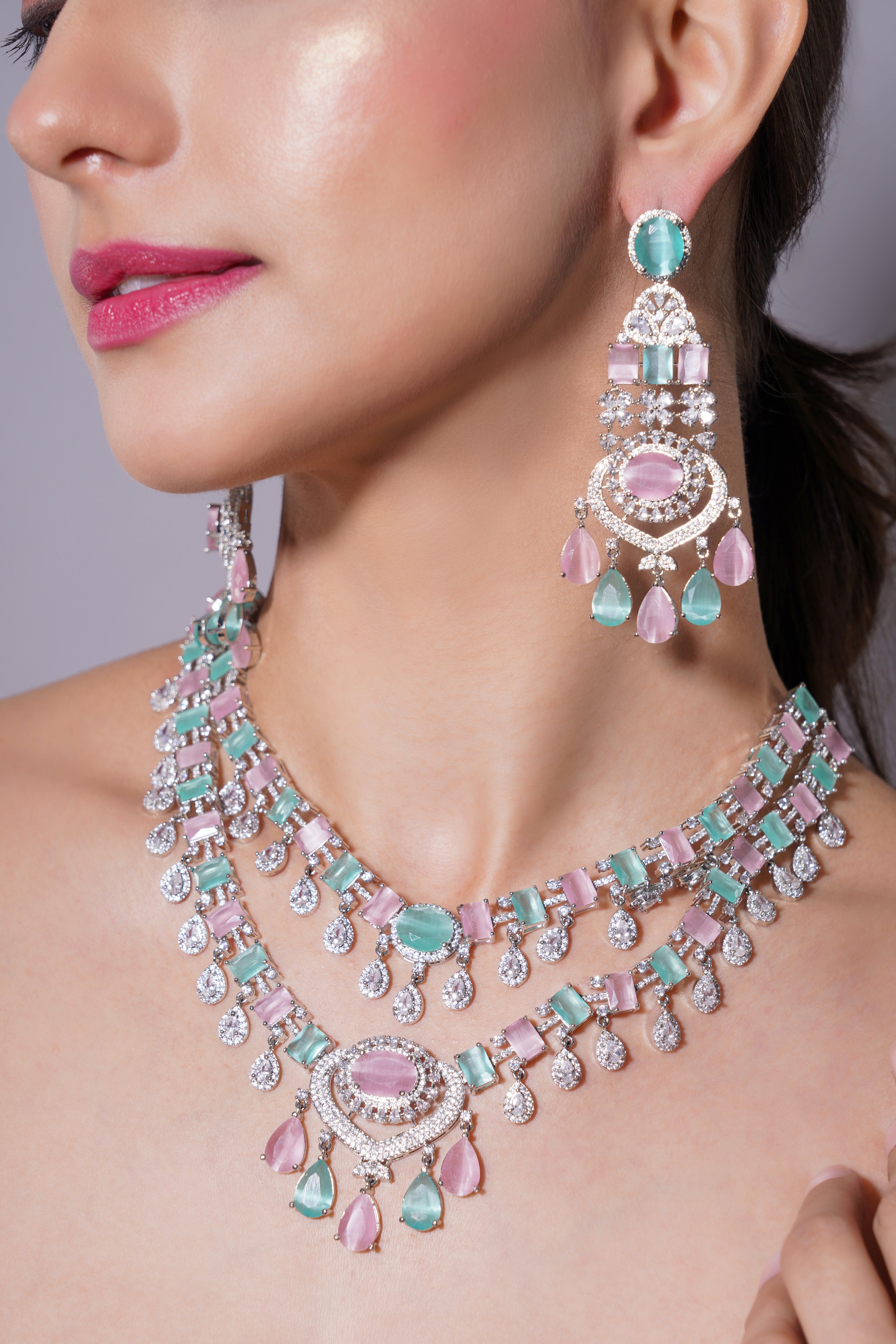 Amaita Grand Pastel Pink & Mint Green Stone Bridal Jewellery Set