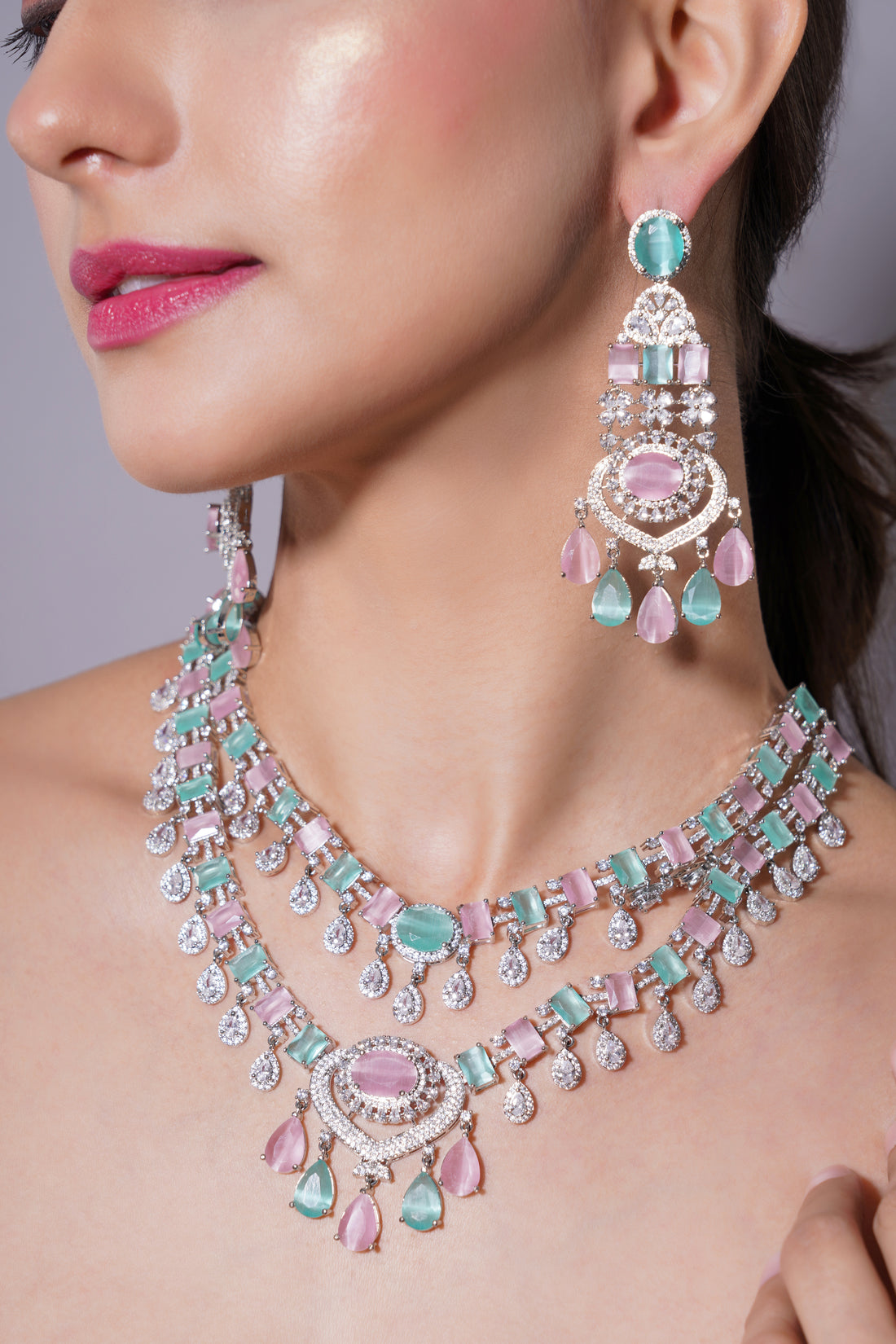 Amaita Grand Pastel Pink & Mint Green Stone Bridal Jewellery Set