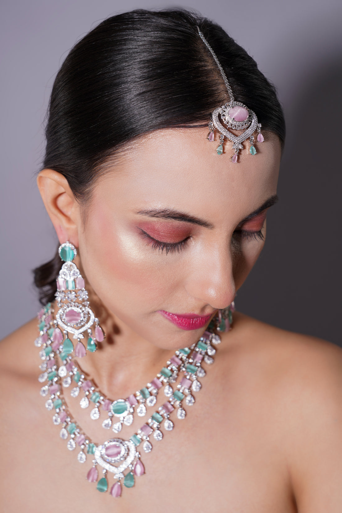 Amaita Grand Pastel Pink & Mint Green Stone Bridal Jewellery Set