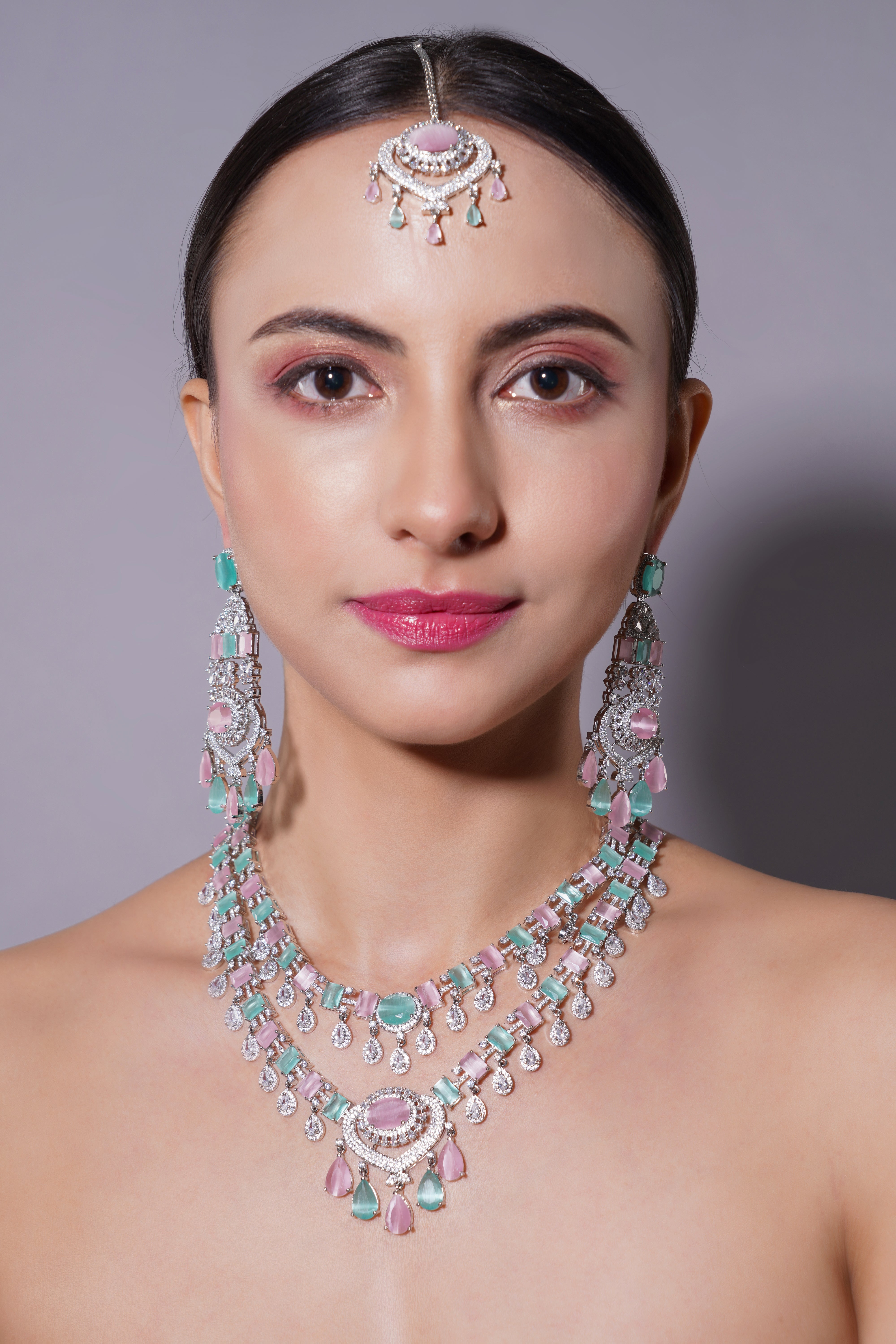 Amaita Grand Pastel Pink & Mint Green Stone Bridal Jewellery Set