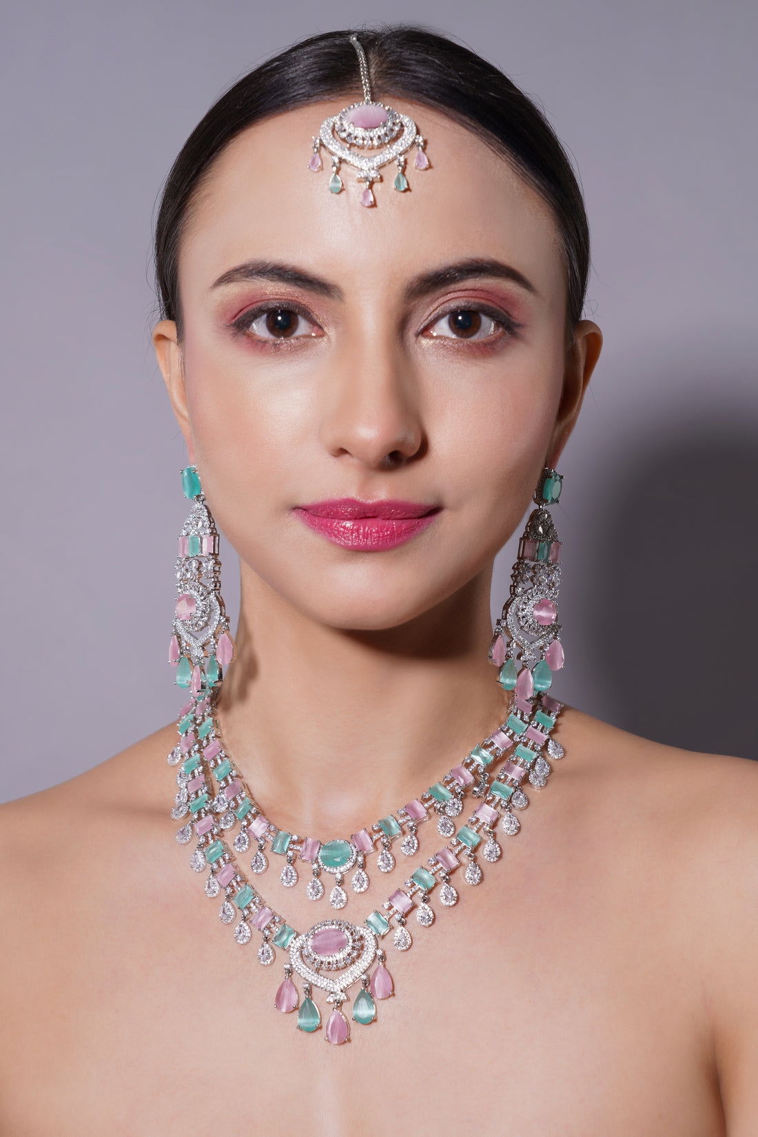 Amaita Grand Pastel Pink & Mint Green Stone Bridal Jewellery Set
