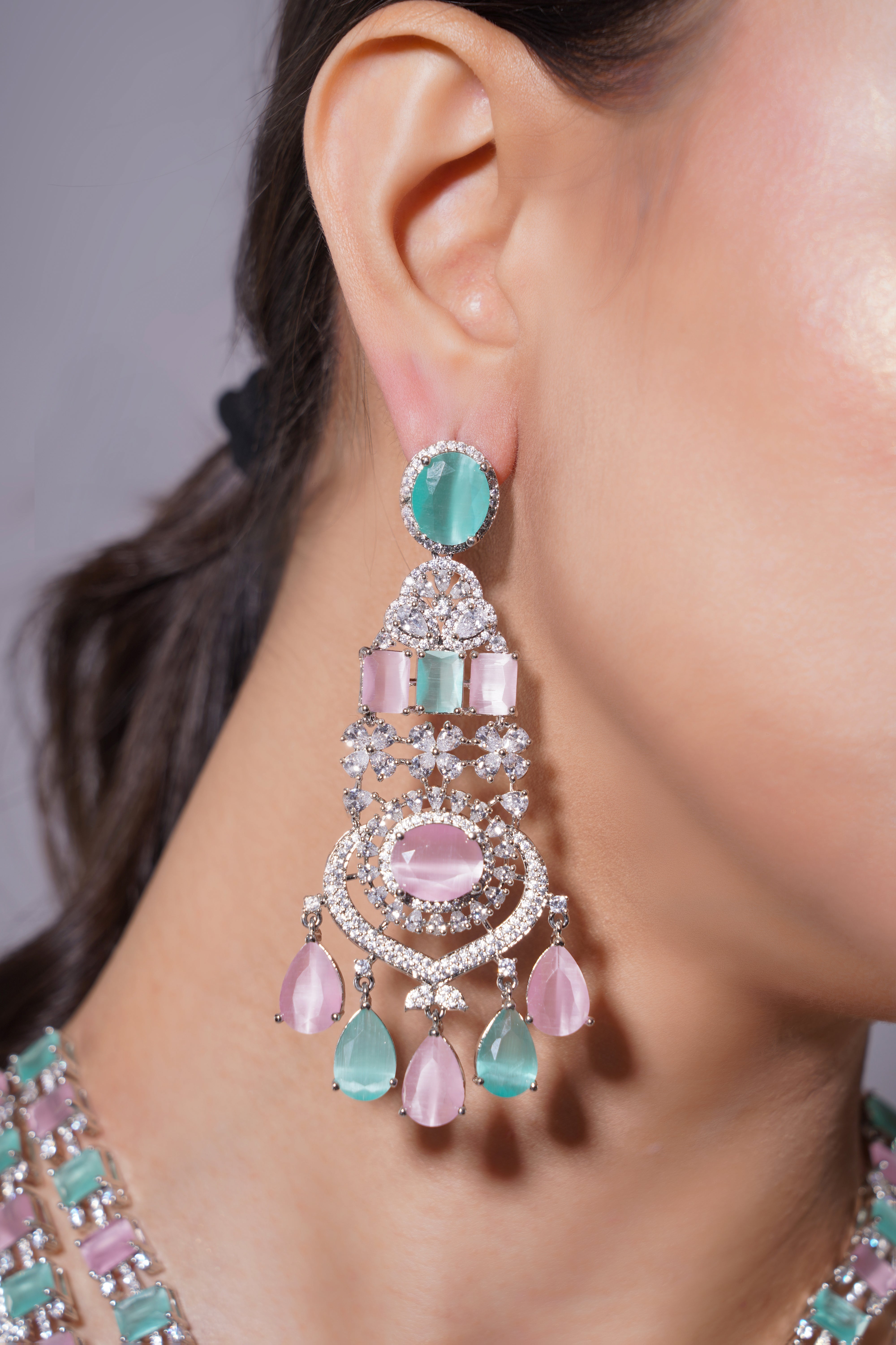 Amaita Grand Pastel Pink & Mint Green Stone Bridal Jewellery Set