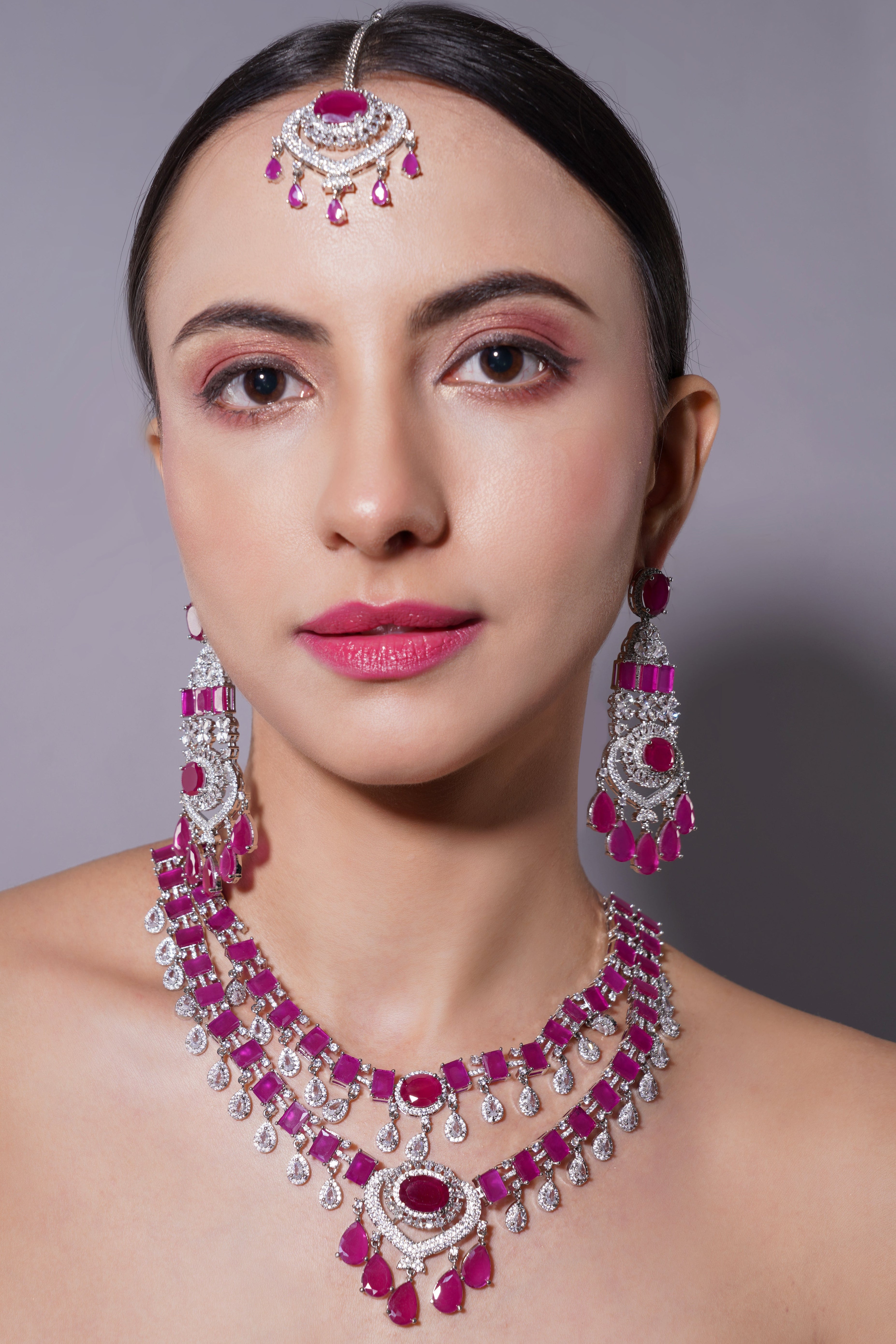 Amaita Ruby Pink Grand Bridal Jewellery Set with Earrings & Tikka