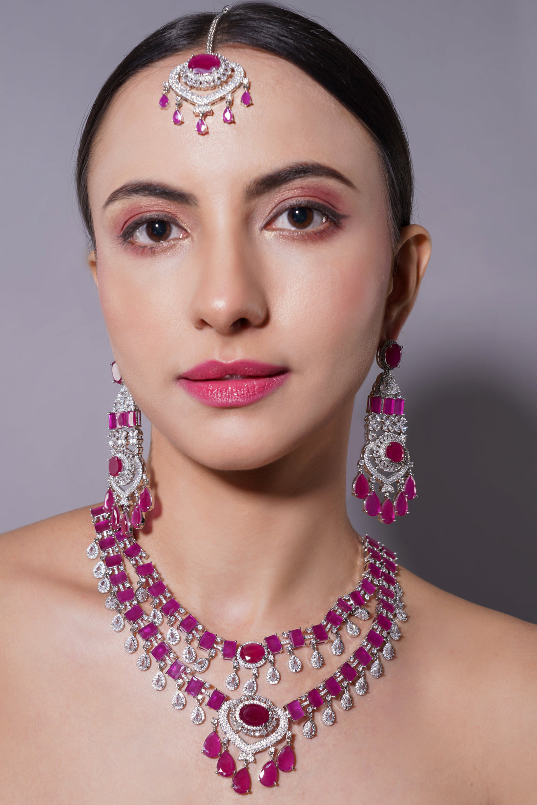 Amaita Ruby Pink Grand Bridal Jewellery Set with Earrings & Tikka