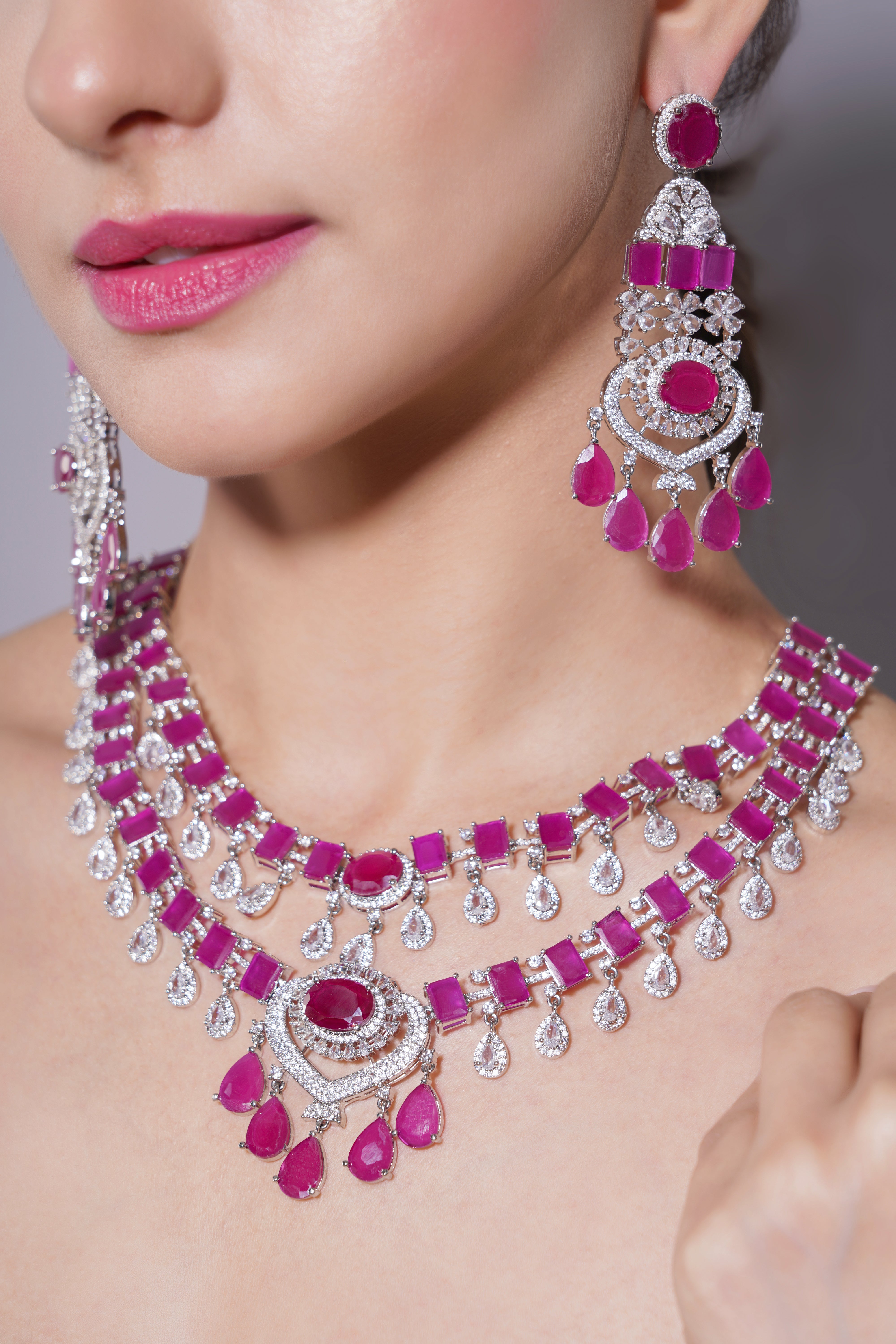 Amaita Ruby Pink Grand Bridal Jewellery Set with Earrings & Tikka