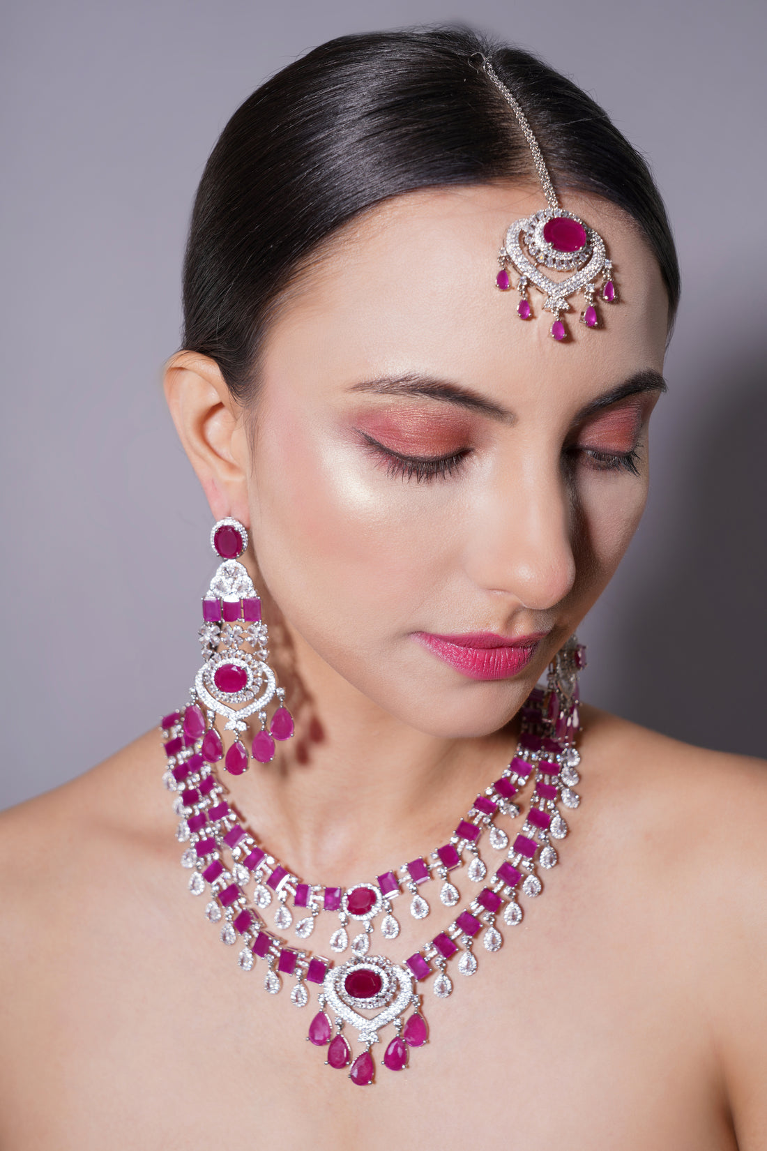 Amaita Ruby Pink Grand Bridal Jewellery Set with Earrings & Tikka